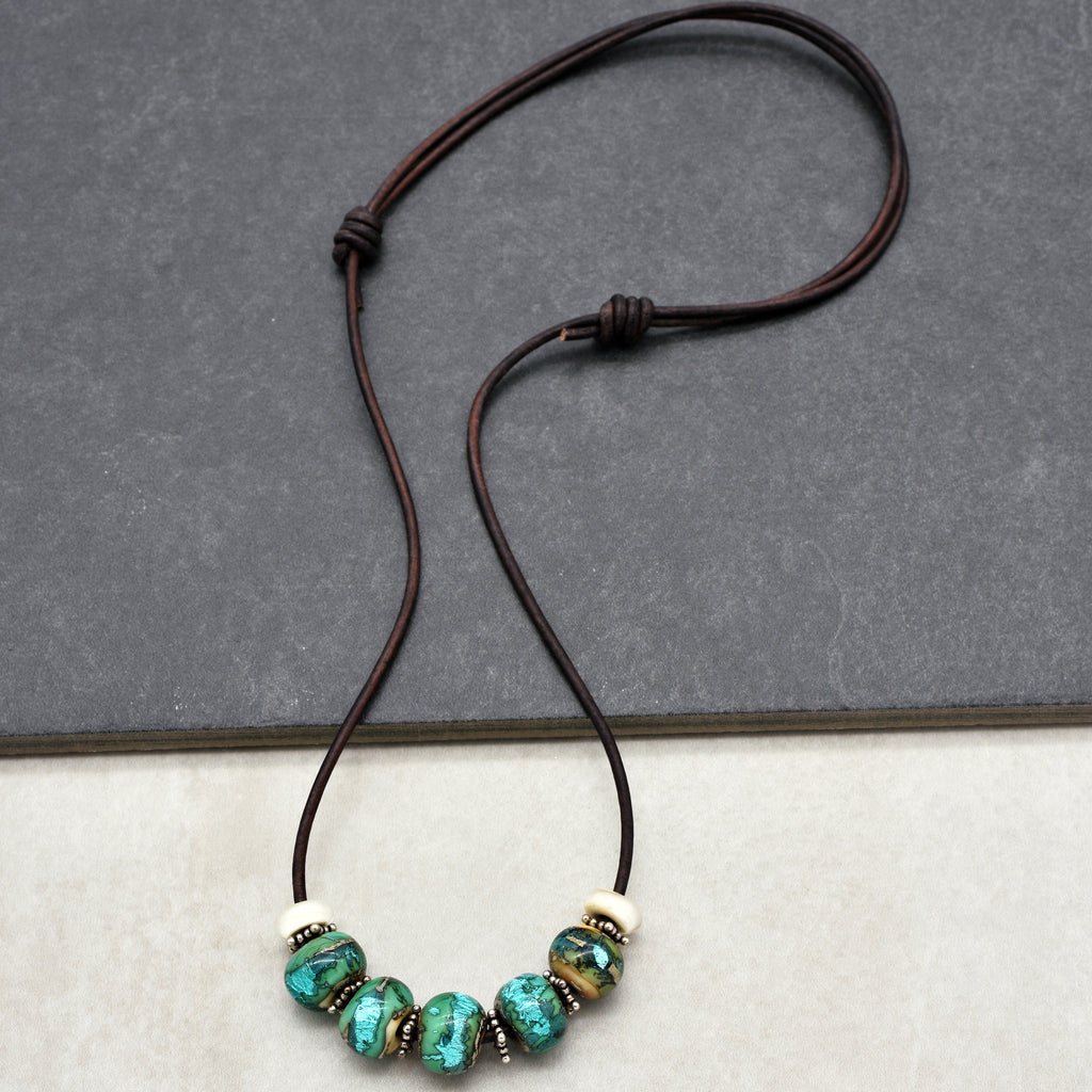 Beach Glass Handmade Adjustable Statement Necklace with Aqua Artisan Lampwork Glass, Sterling Silver and Chocolate Leather Cord