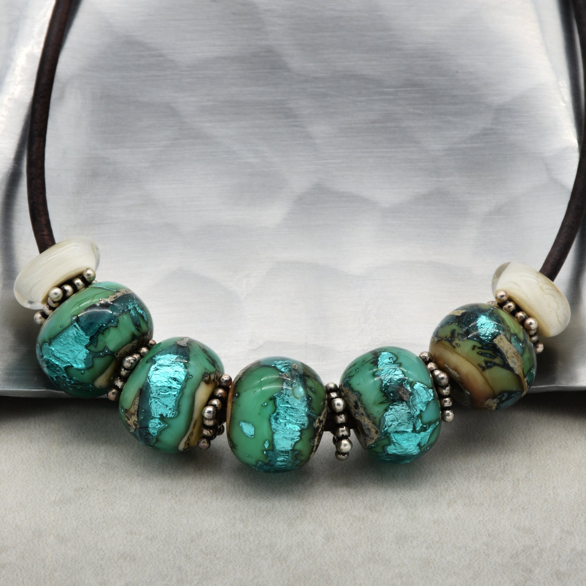 Beach Glass Handmade Adjustable Statement Necklace with Aqua Artisan Lampwork Glass, Sterling Silver and Chocolate Leather Cord