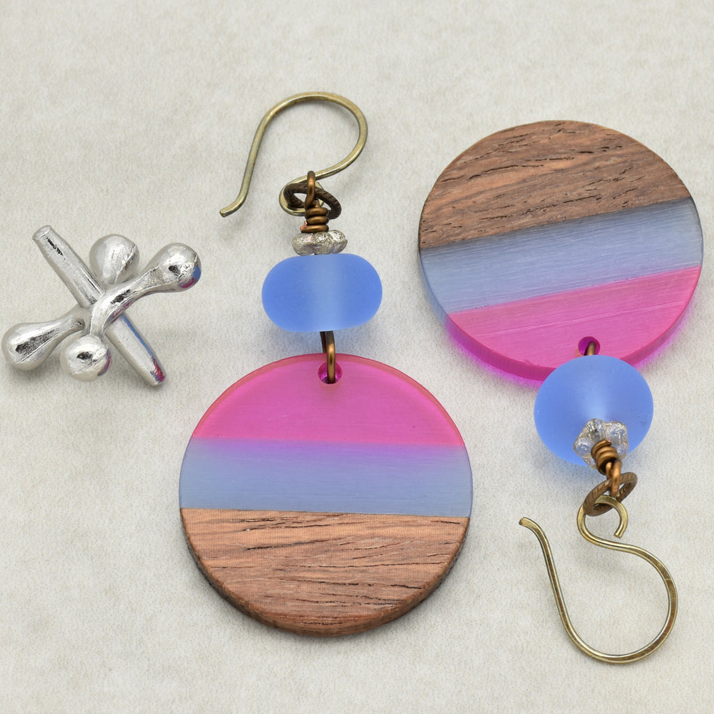 Beach Skies Dangle Handmade Earrings, Artisan Lampwork Glass, Wood Resin Charms.