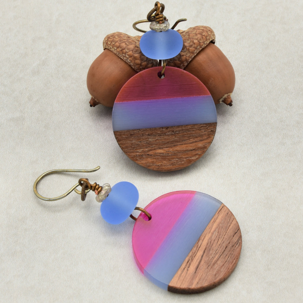 Beach Skies Dangle Handmade Earrings, Artisan Lampwork Glass, Wood Resin Charms.