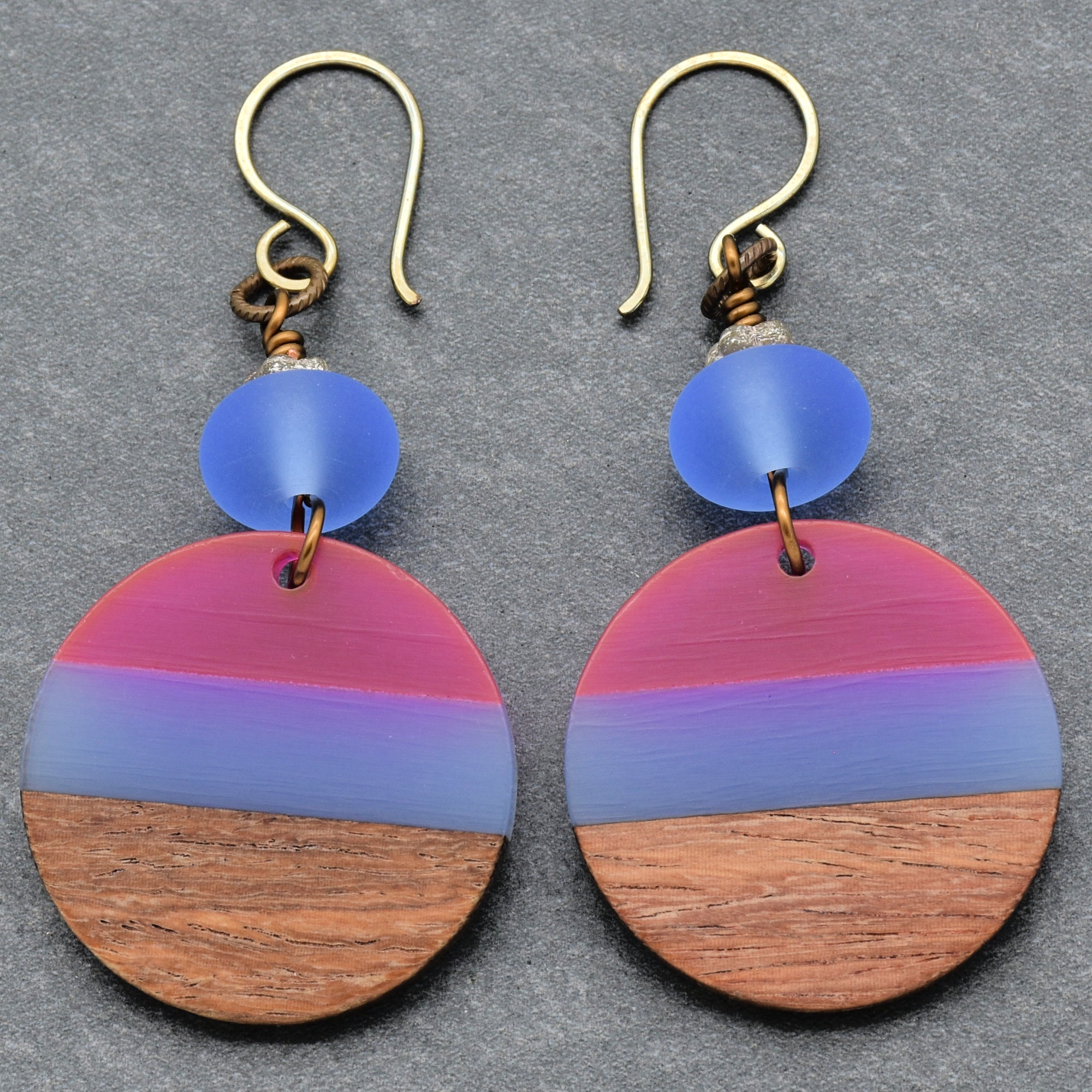 Beach Skies Dangle Handmade Earrings, Artisan Lampwork Glass, Wood Resin Charms.