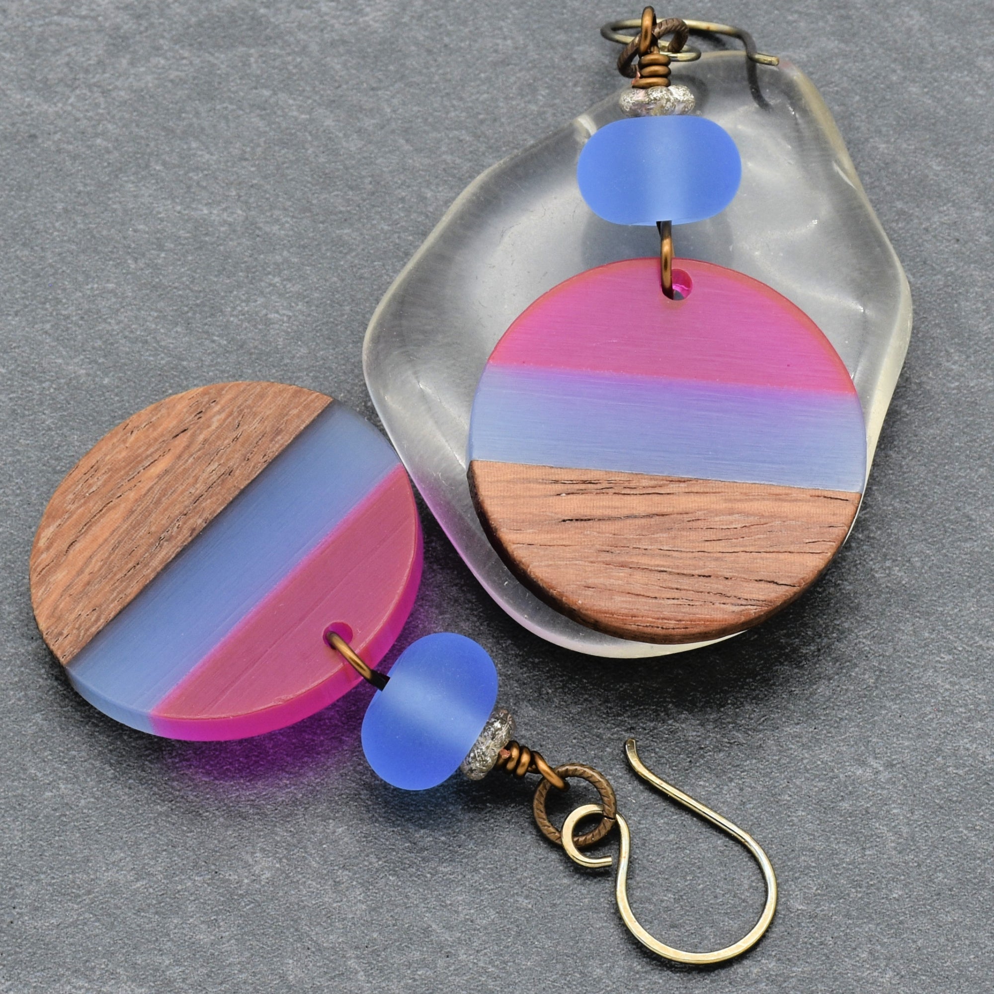 Beach Skies Dangle Handmade Earrings, Artisan Lampwork Glass, Wood Resin Charms.