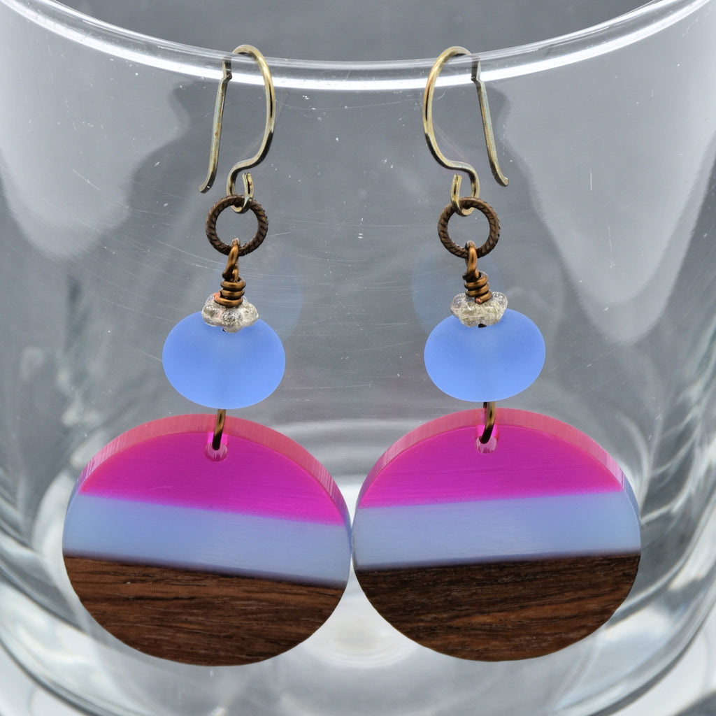 Beach Skies Dangle Handmade Earrings, Artisan Lampwork Glass, Wood Resin Charms.