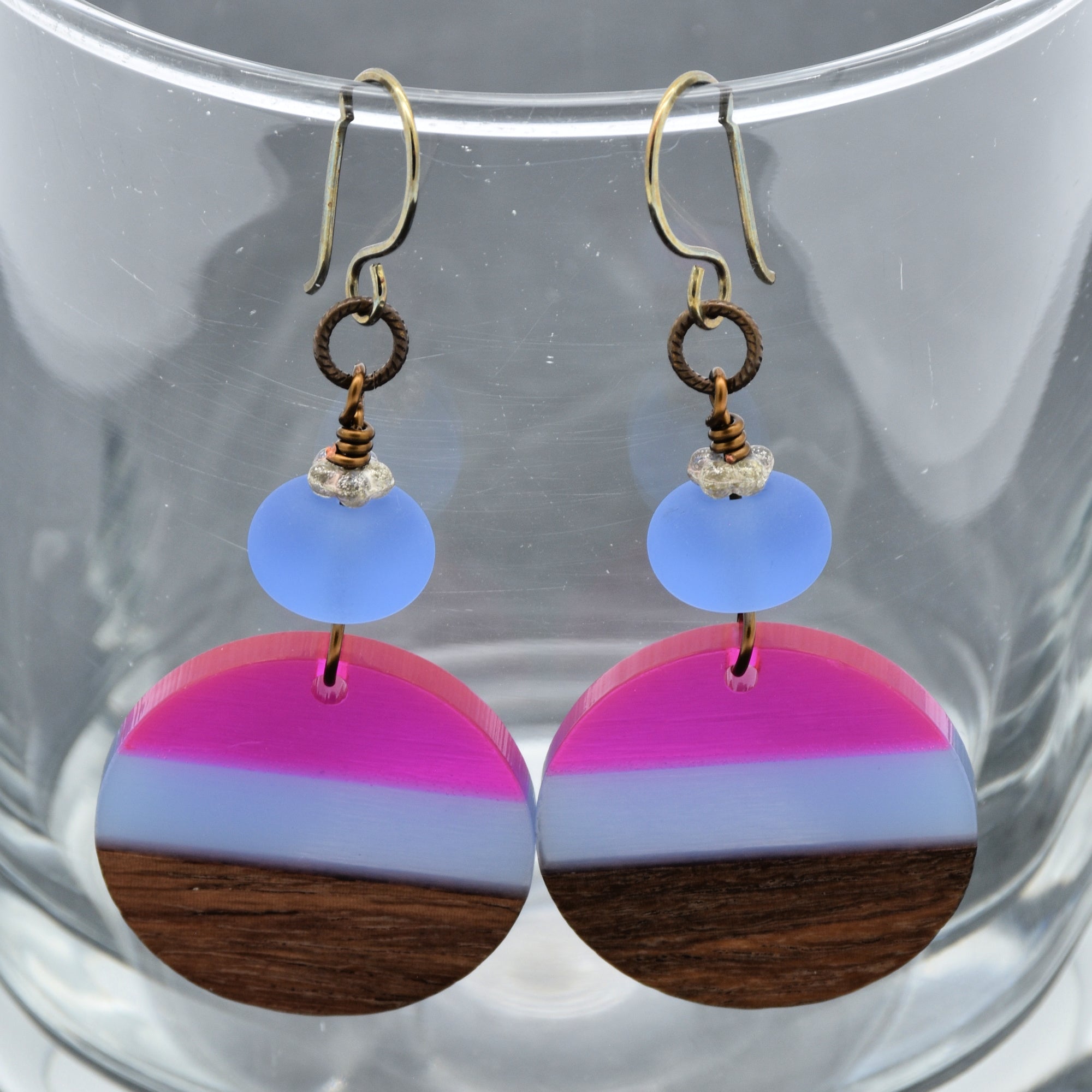 Beach Skies Dangle Handmade Earrings, Artisan Lampwork Glass, Wood Resin Charms.