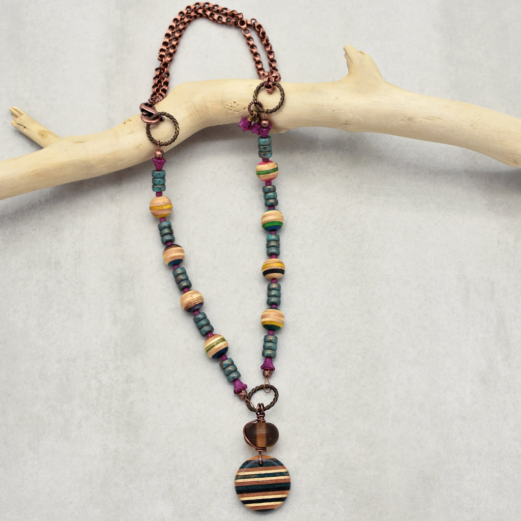 Bicycle Chain and Skateboard Handmade Beaded Necklace with Recycled Skateboard Beads and Artisan Lampwork Glass