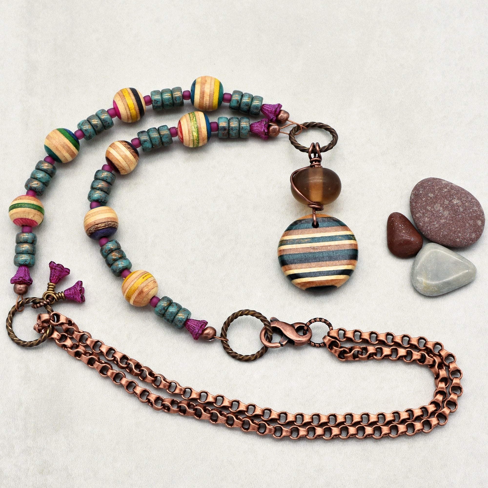Bicycle Chain and Skateboard Handmade Beaded Necklace with Recycled Skateboard Beads and Artisan Lampwork Glass