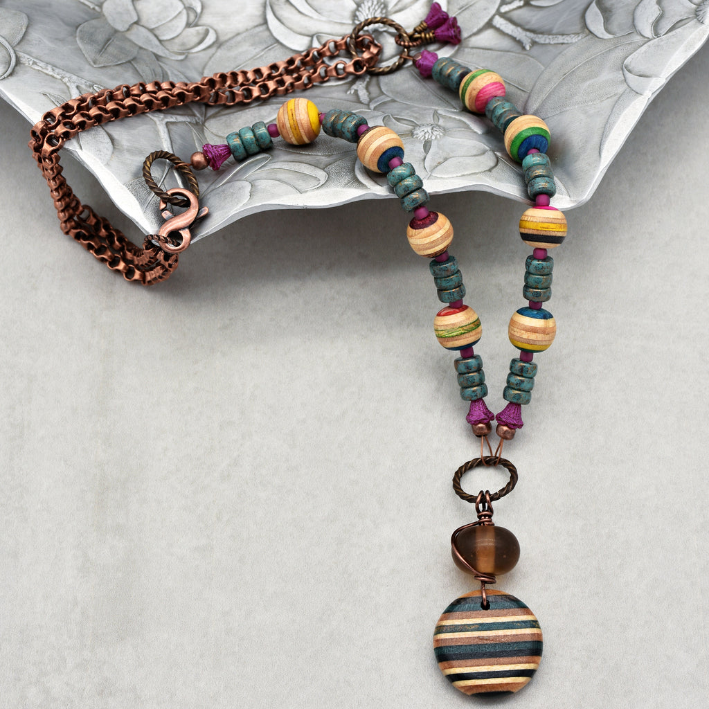 Bicycle Chain and Skateboard Handmade Beaded Necklace with Recycled Skateboard Beads and Artisan Lampwork Glass