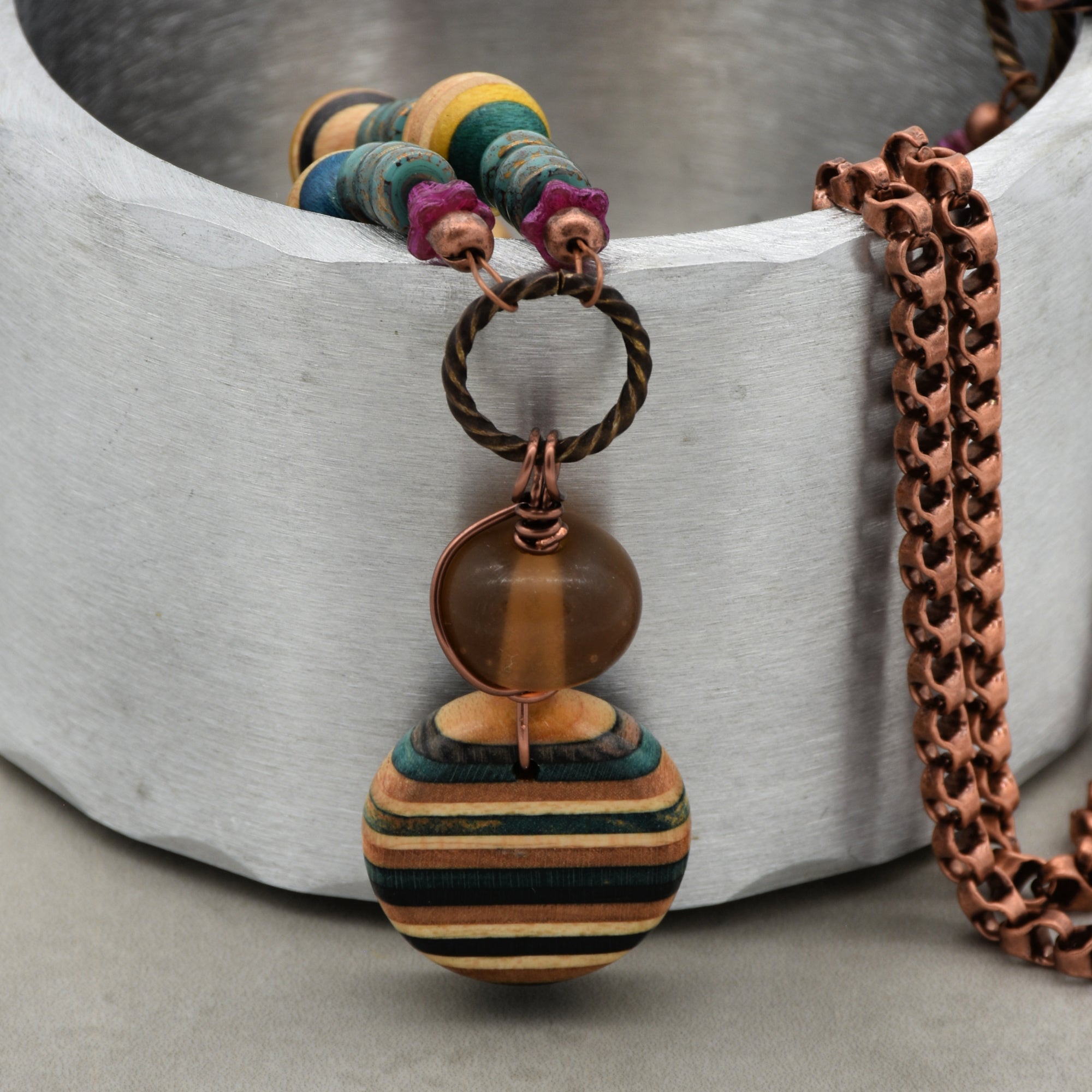 Bicycle Chain and Skateboard Handmade Beaded Necklace with Recycled Skateboard Beads and Artisan Lampwork Glass