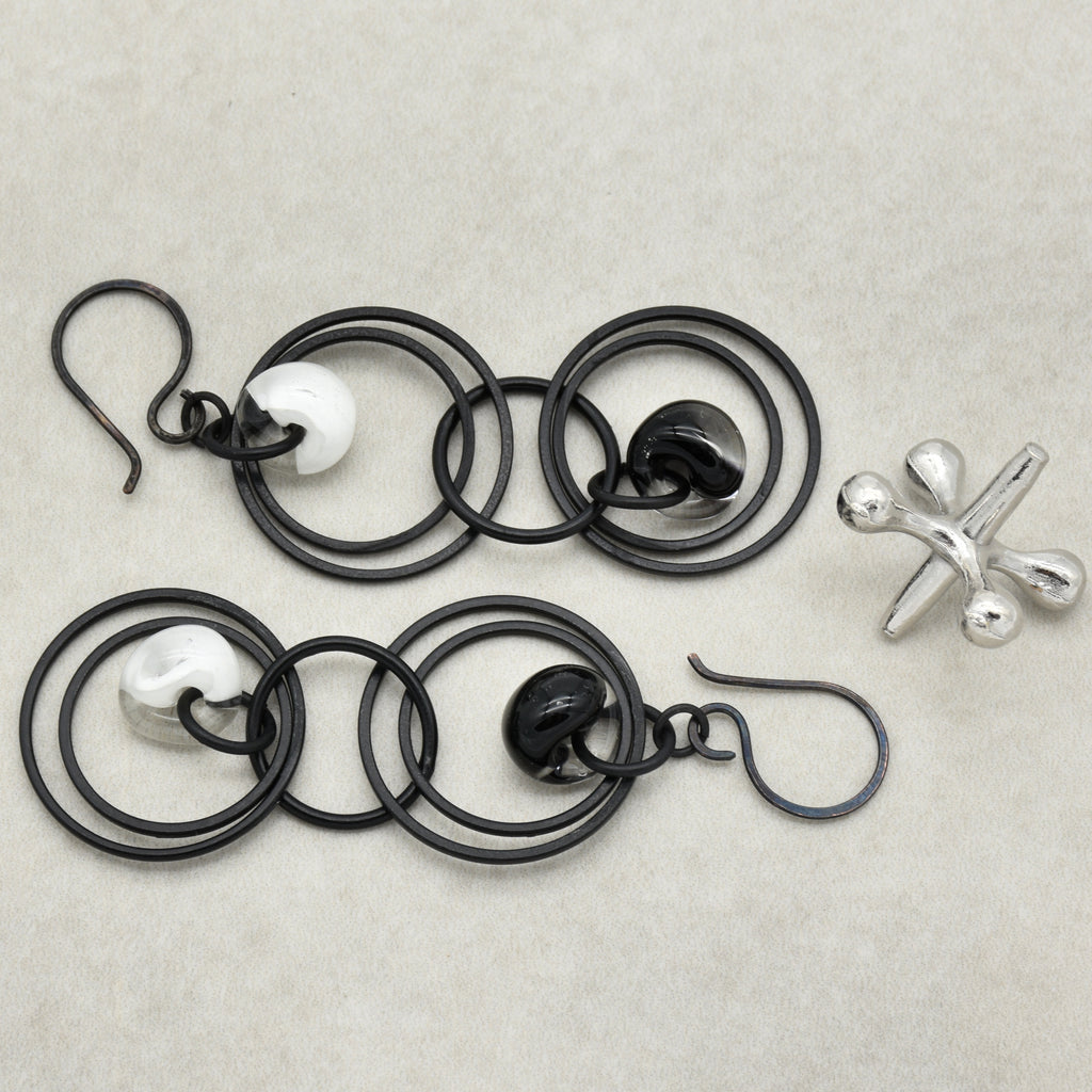Elegant Black and White Handmade Dangle Earrings, Lampwork Teardrops, Blackened Copper, Asymmetrical