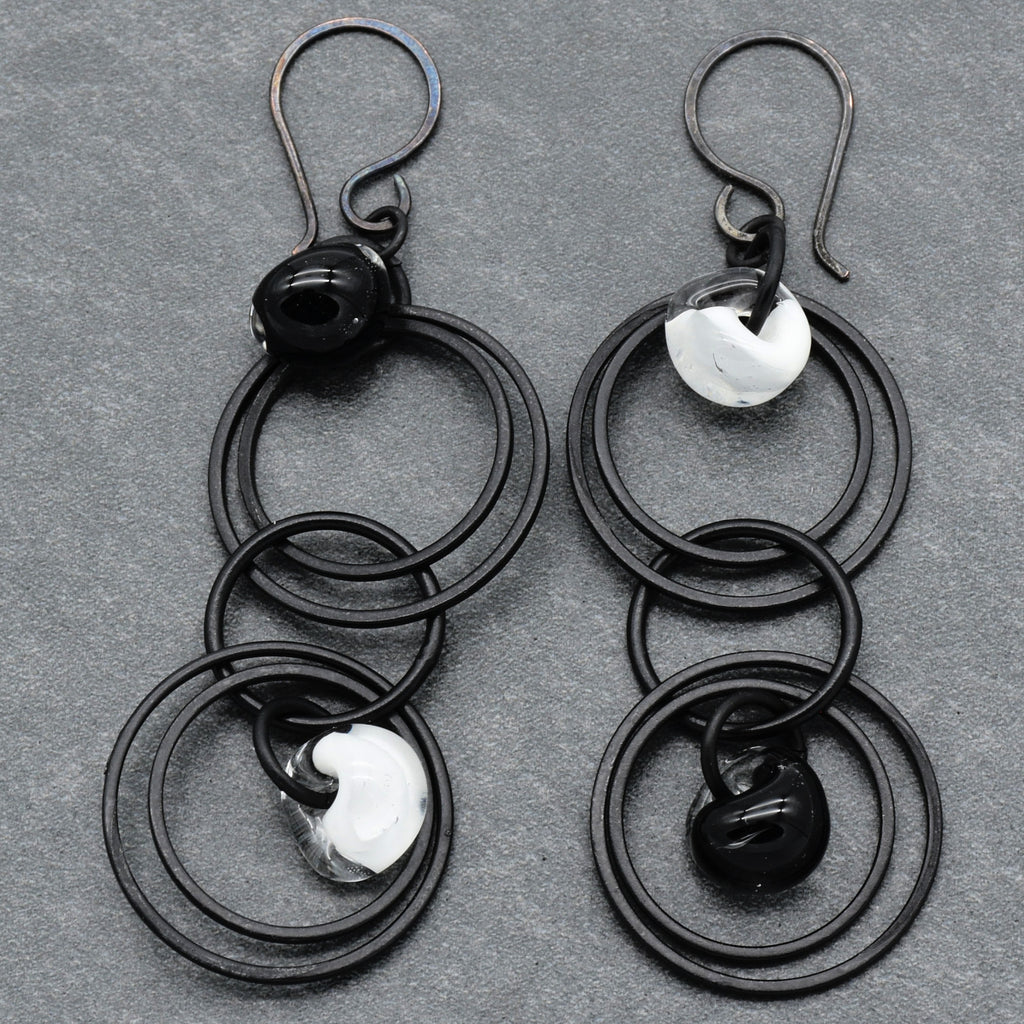 Elegant Black and White Handmade Dangle Earrings, Lampwork Teardrops, Blackened Copper, Asymmetrical