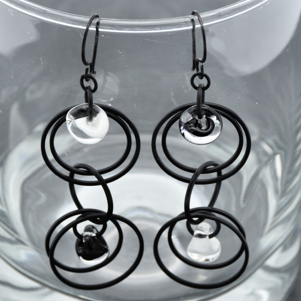 Elegant Black and White Handmade Dangle Earrings, Lampwork Teardrops, Blackened Copper, Asymmetrical