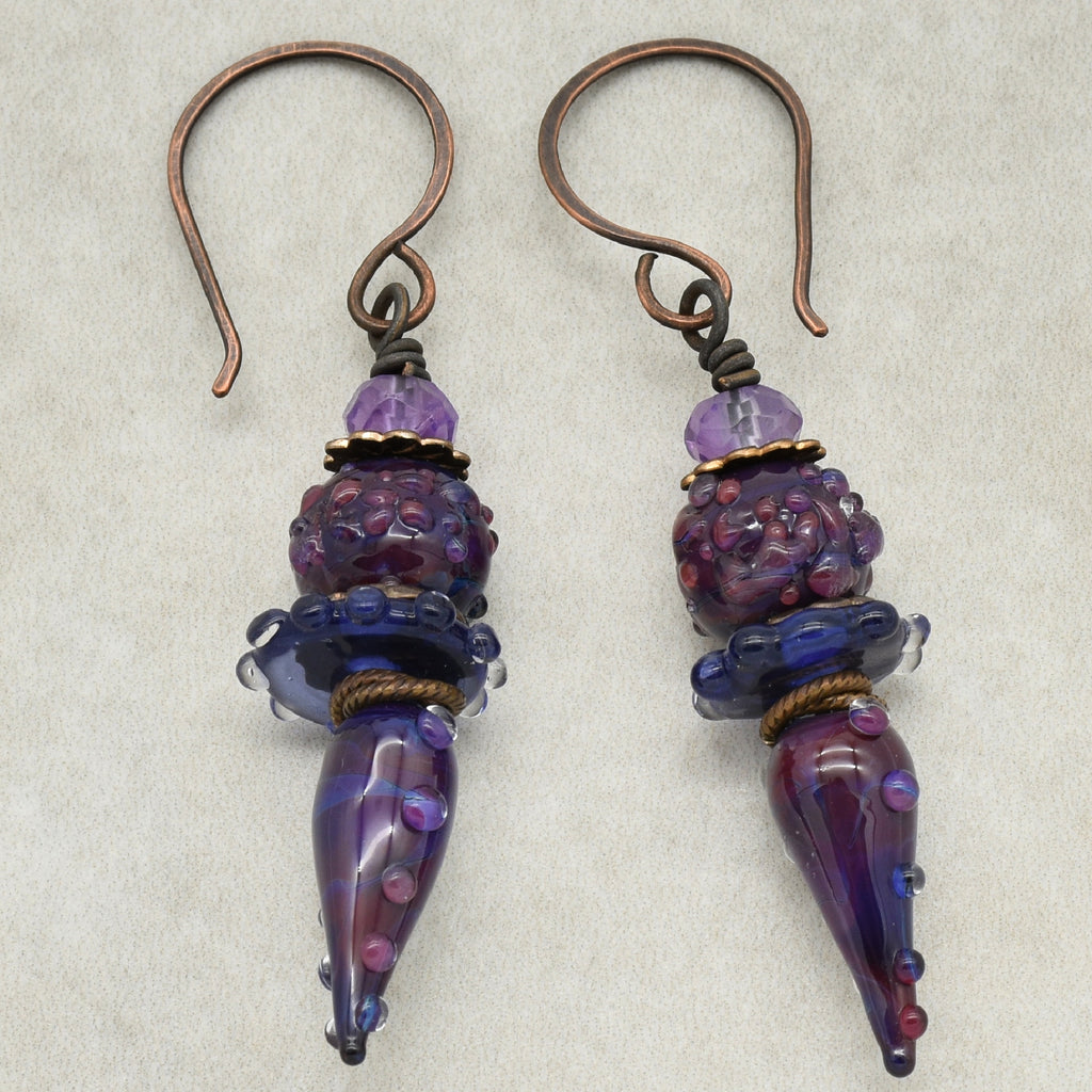 Blackberry Wine Handmade Dangle Earrings, Purple Artisan Lampwork Glass and Amethyst