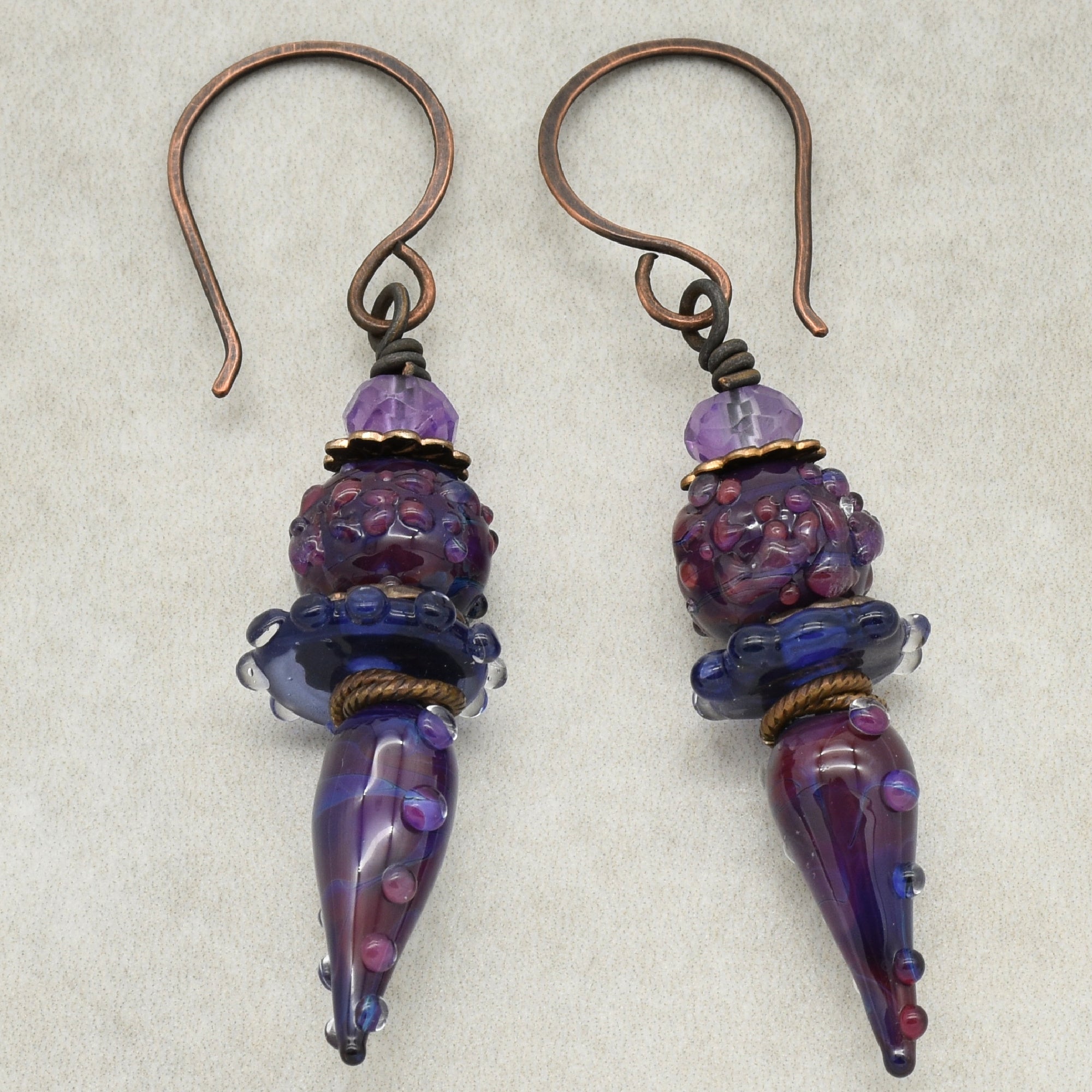 Blackberry Wine Handmade Dangle Earrings, Purple Artisan Lampwork Glass and Amethyst