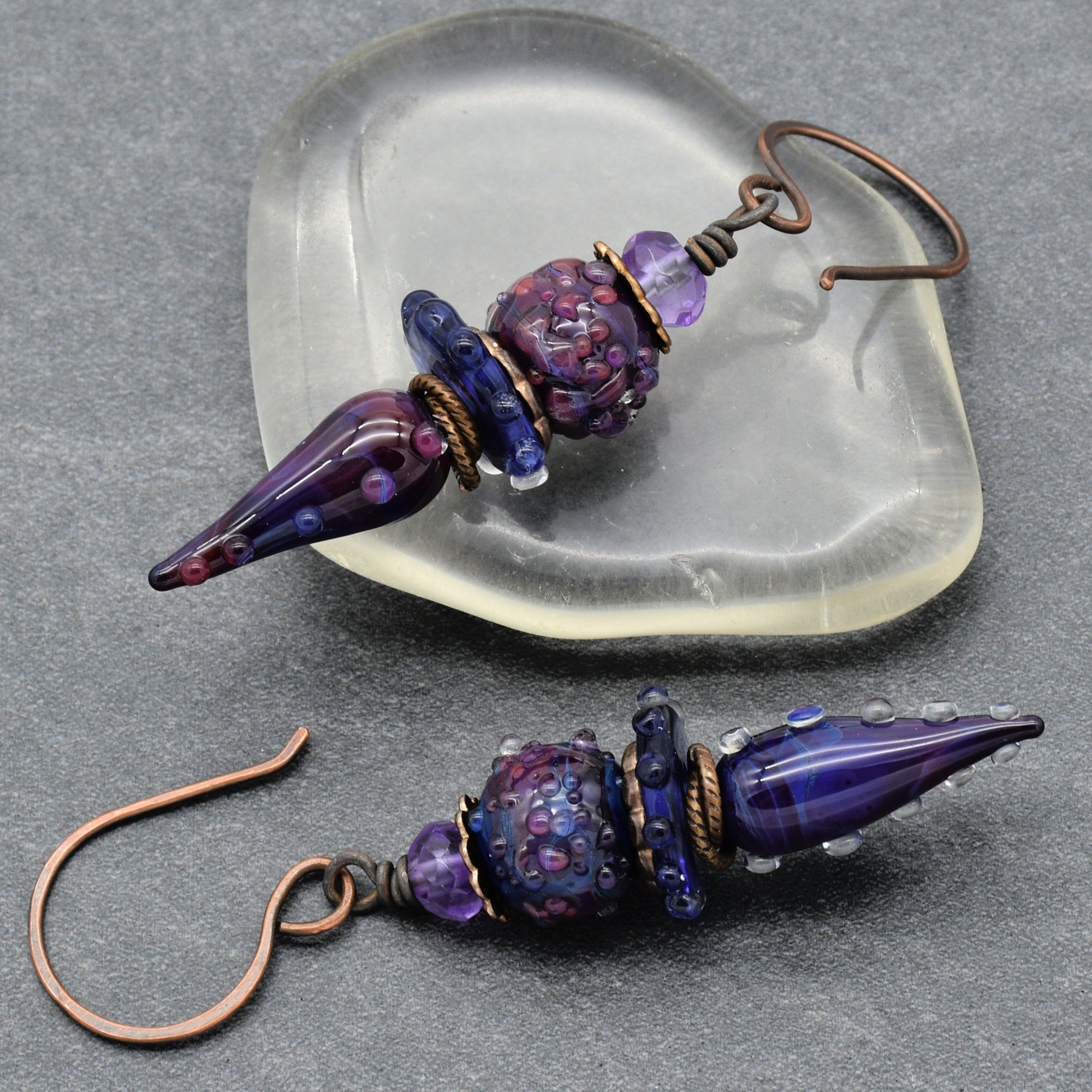 Blackberry Wine Handmade Dangle Earrings, Purple Artisan Lampwork Glass and Amethyst