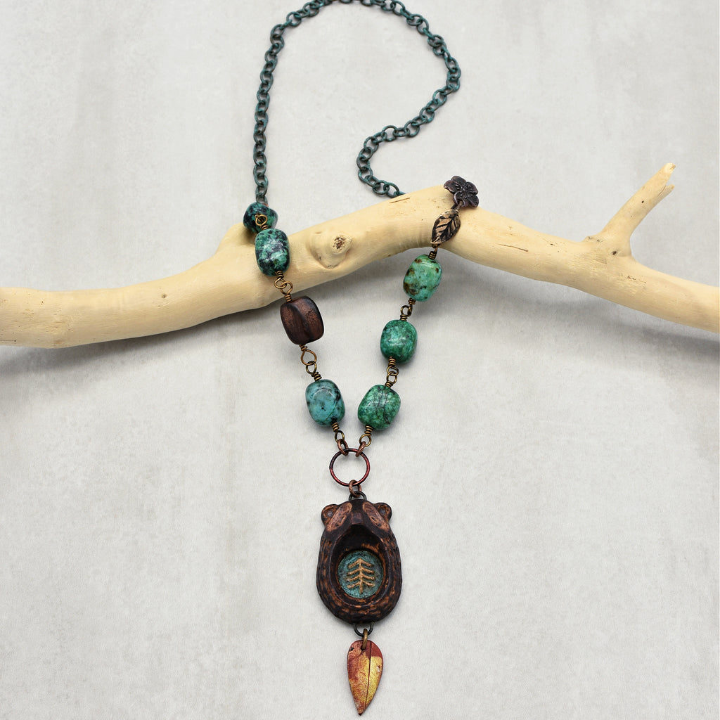 Brown Bear Handmade Beaded Necklace with Artisan Ceramic Focal, African Turquoise Nuggets, Natural Wood