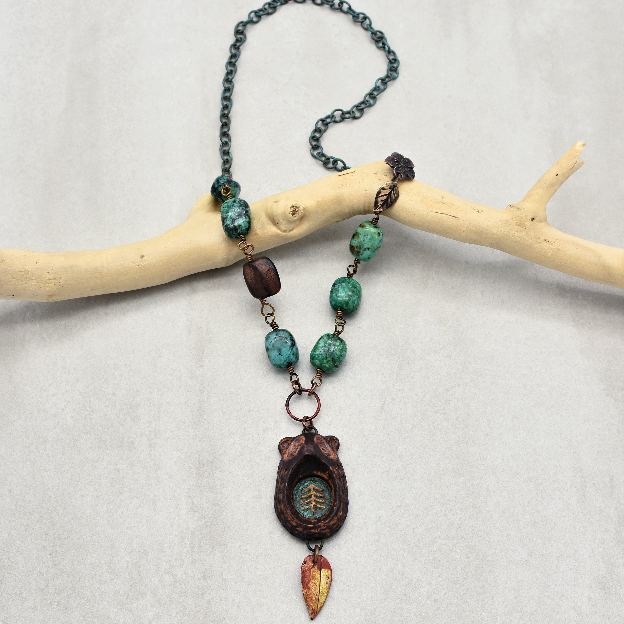 Brown Bear Handmade Beaded Necklace with Artisan Ceramic Focal, African Turquoise Nuggets, Natural Wood