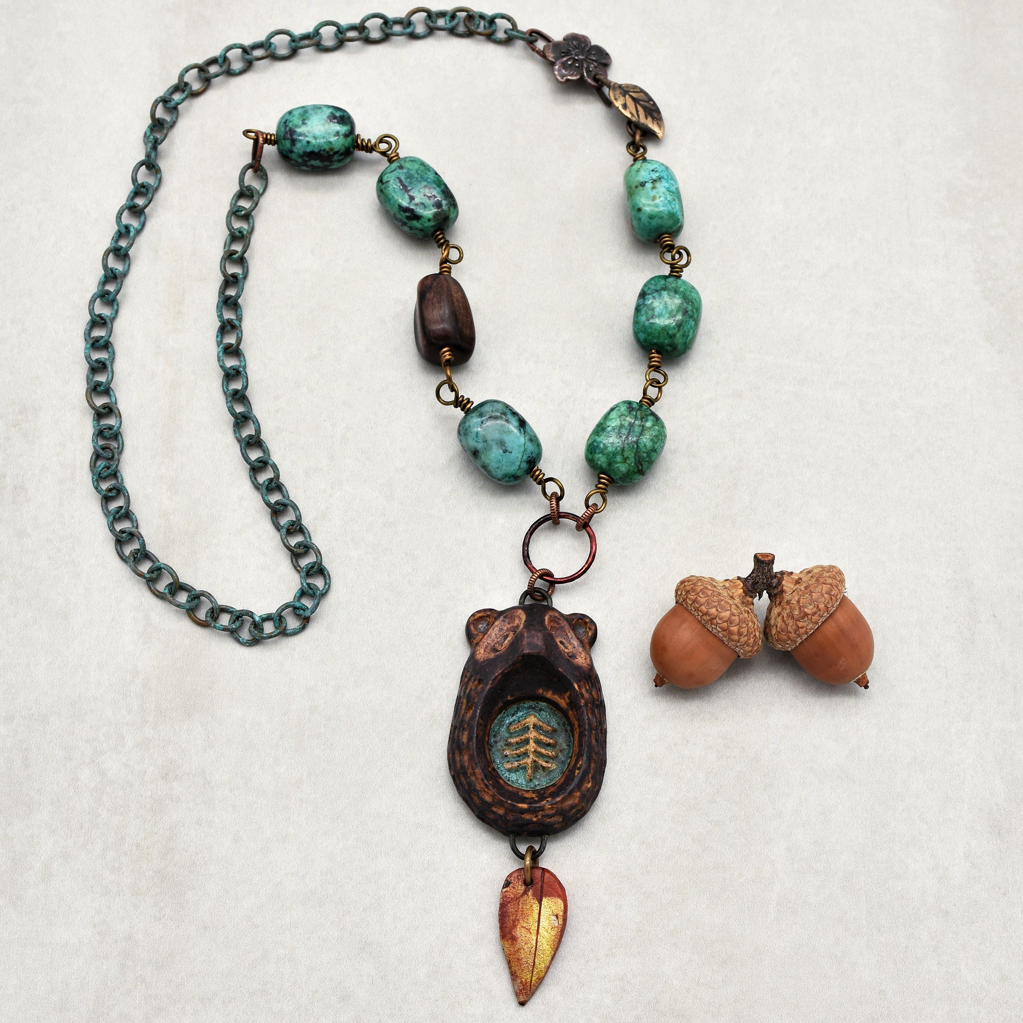 Brown Bear Handmade Beaded Necklace with Artisan Ceramic Focal, African Turquoise Nuggets, Natural Wood