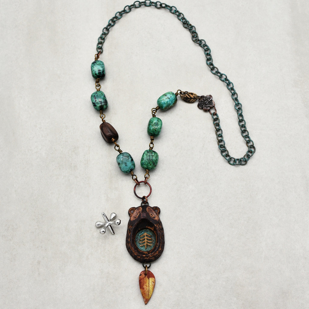 Brown Bear Handmade Beaded Necklace with Artisan Ceramic Focal, African Turquoise Nuggets, Natural Wood
