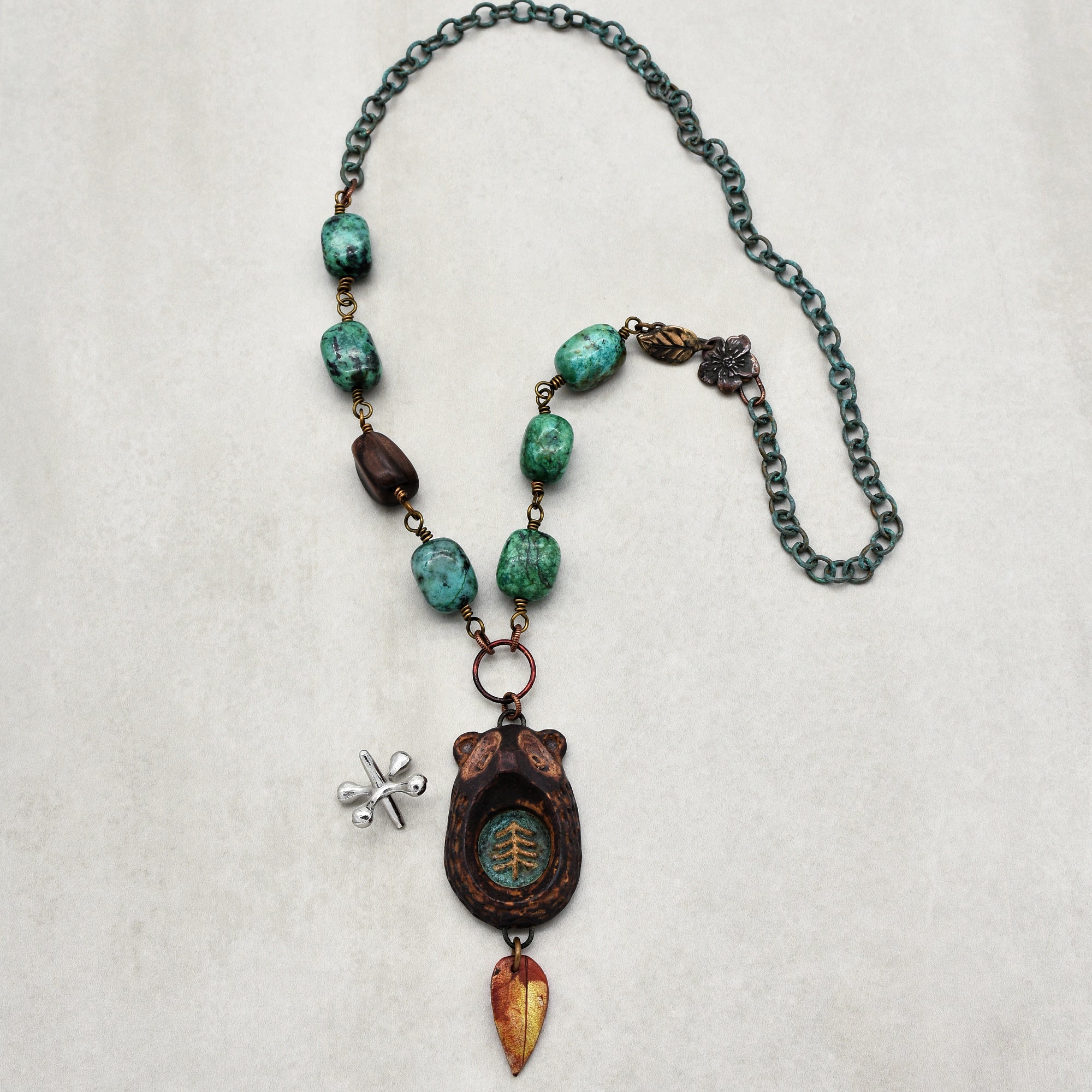 Brown Bear Handmade Beaded Necklace with Artisan Ceramic Focal, African Turquoise Nuggets, Natural Wood