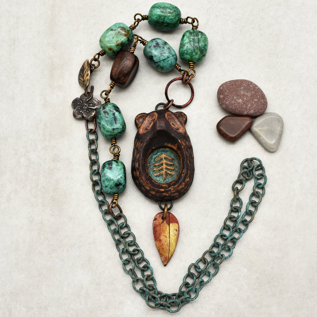 Brown Bear Handmade Beaded Necklace with Artisan Ceramic Focal, African Turquoise Nuggets, Natural Wood