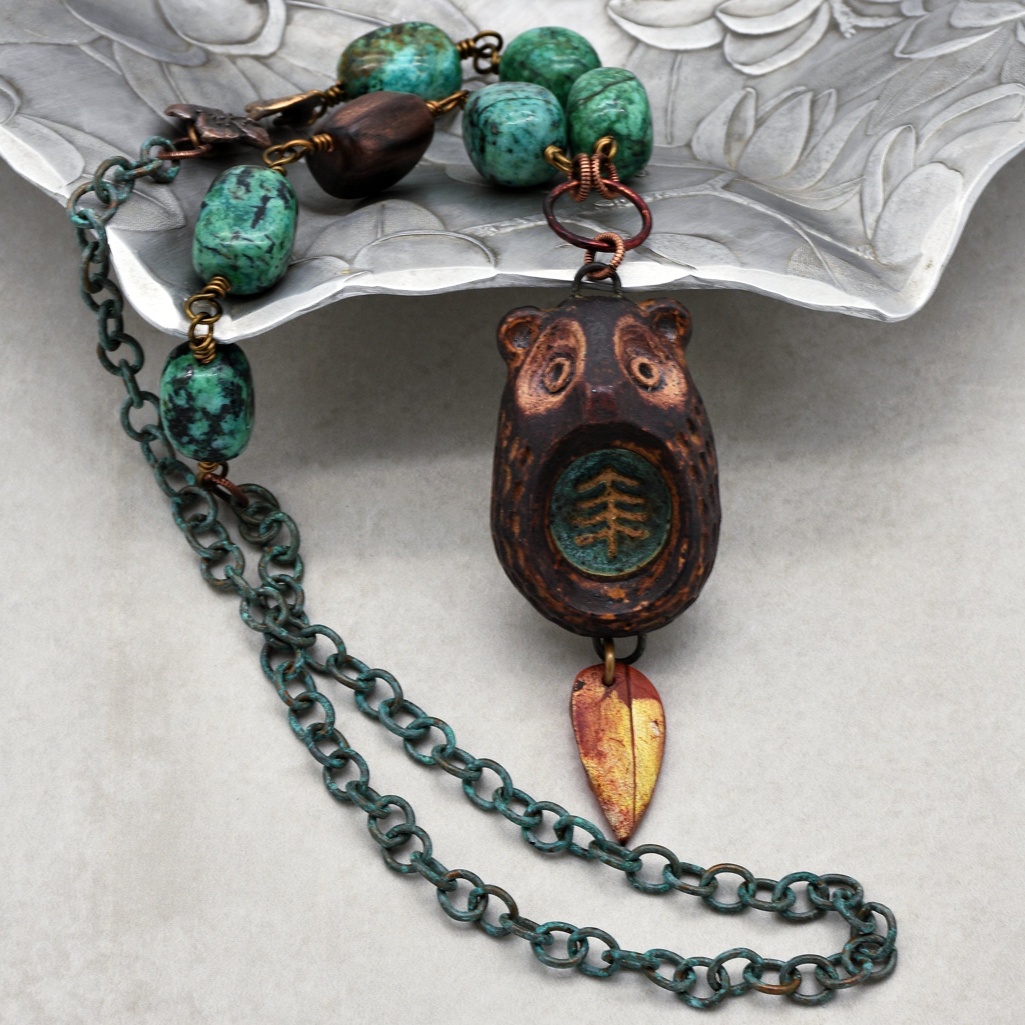 Brown Bear Handmade Beaded Necklace with Artisan Ceramic Focal, African Turquoise Nuggets, Natural Wood