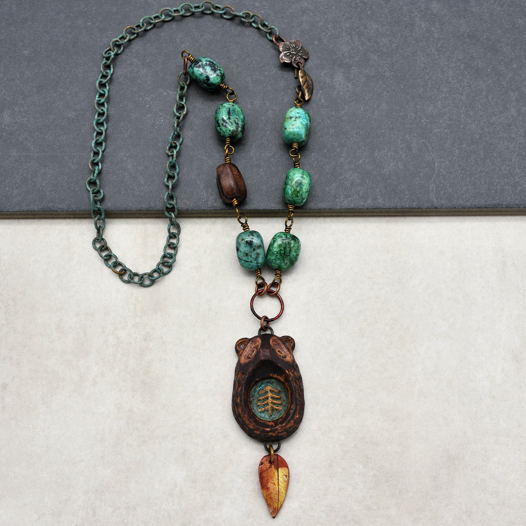 Brown Bear Handmade Beaded Necklace with Artisan Ceramic Focal, African Turquoise Nuggets, Natural Wood