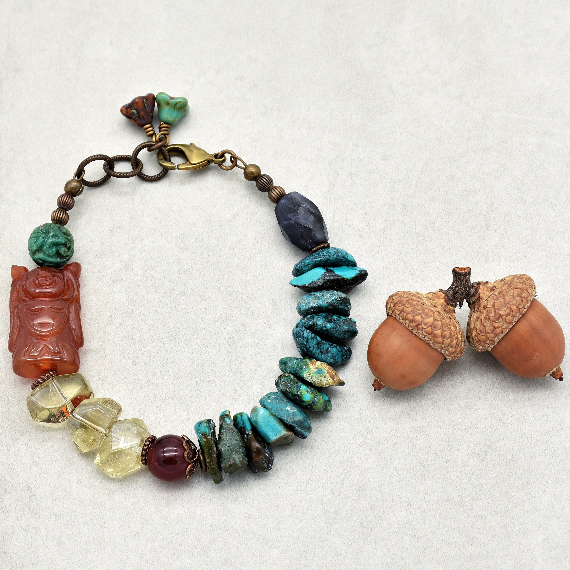 Buddha Handmade Beaded Bracelet with Carved Carnelian Buddha, Turquoise, Citrine, Iolite, Ruby Quartz