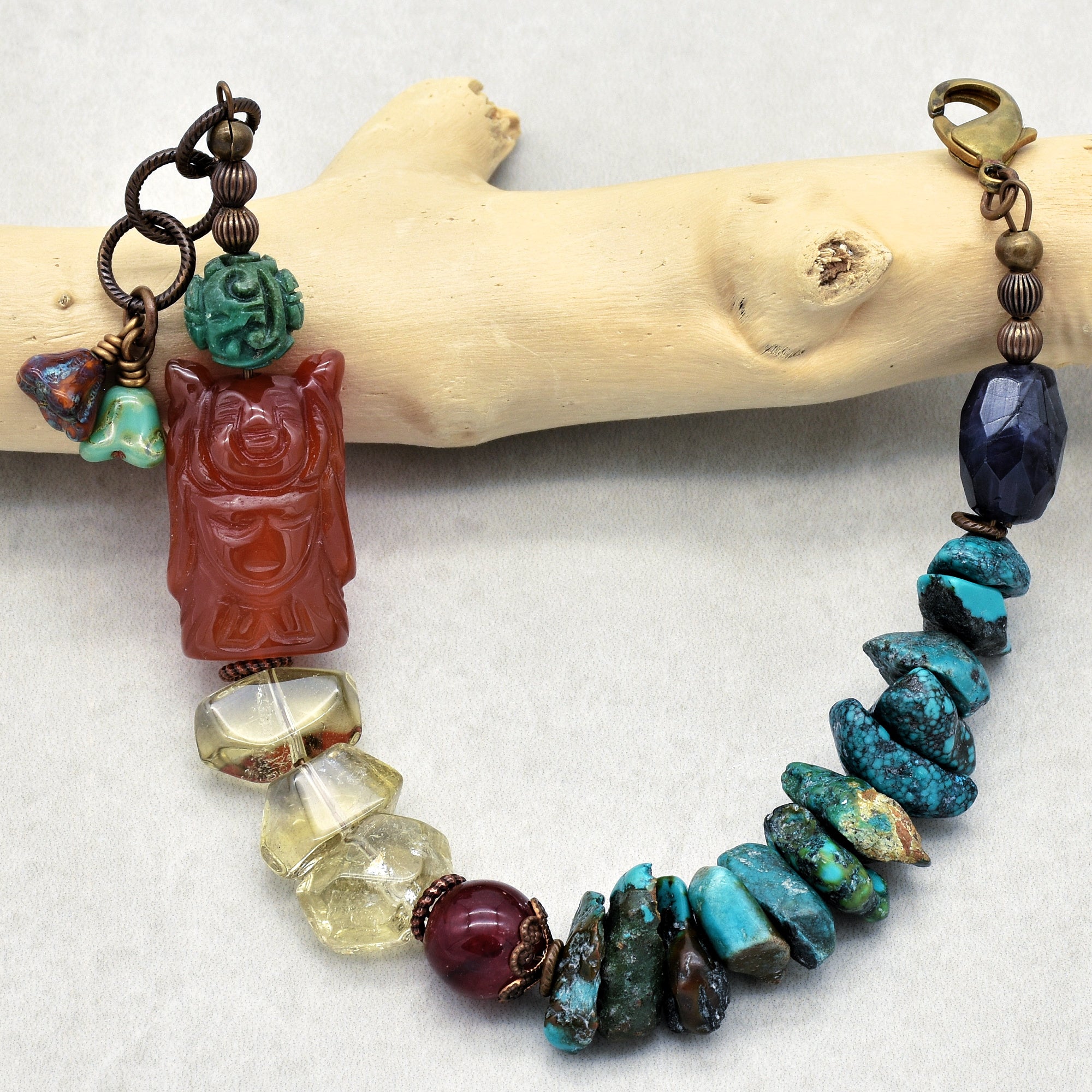 Buddha Handmade Beaded Bracelet with Carved Carnelian Buddha, Turquoise, Citrine, Iolite, Ruby Quartz
