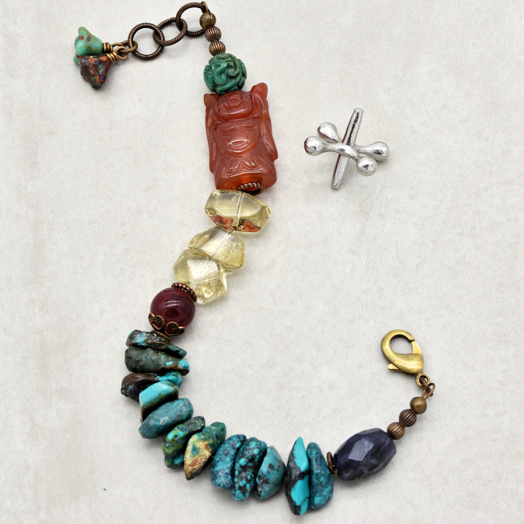 Buddha Handmade Beaded Bracelet with Carved Carnelian Buddha, Turquoise, Citrine, Iolite, Ruby Quartz