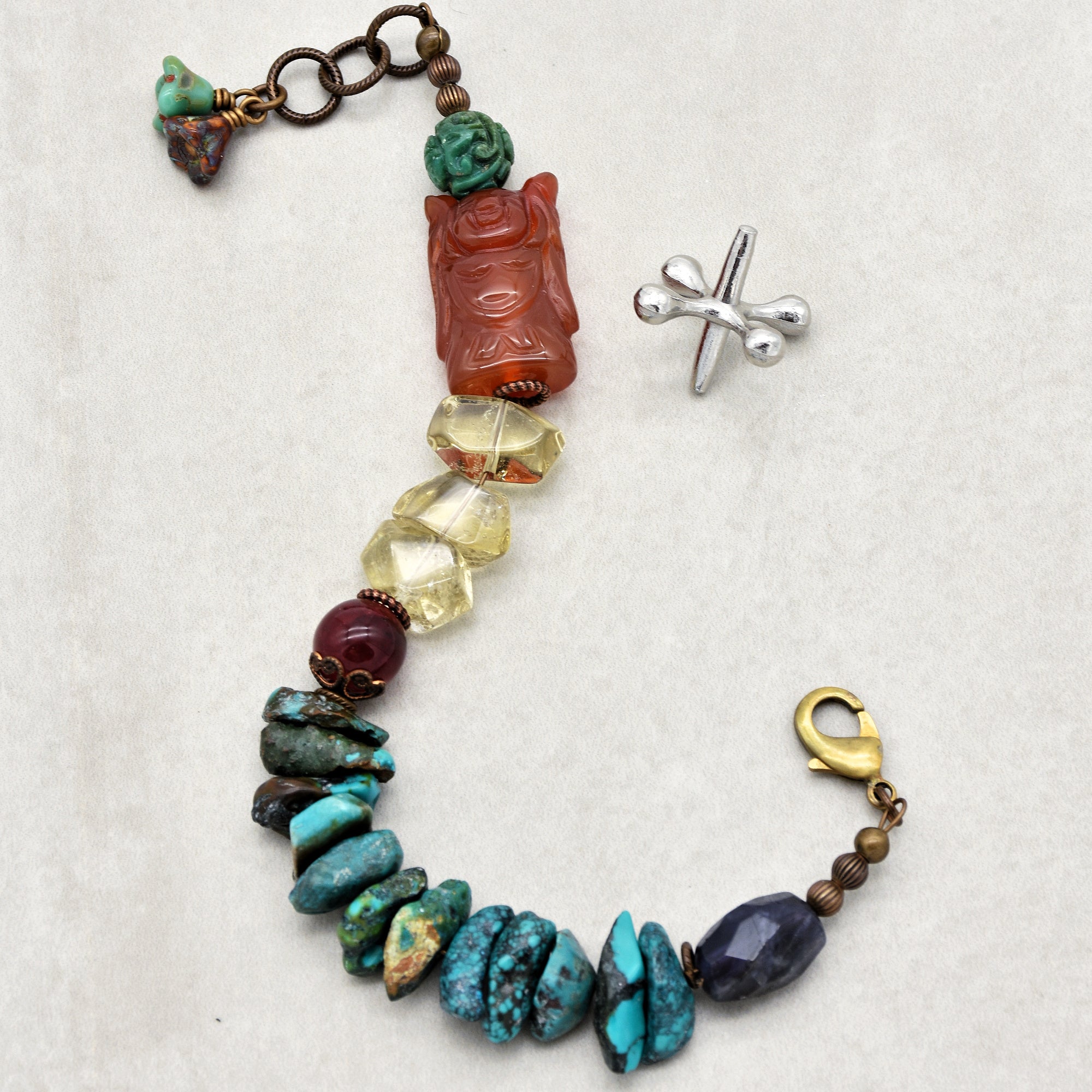 Buddha Handmade Beaded Bracelet with Carved Carnelian Buddha, Turquoise, Citrine, Iolite, Ruby Quartz