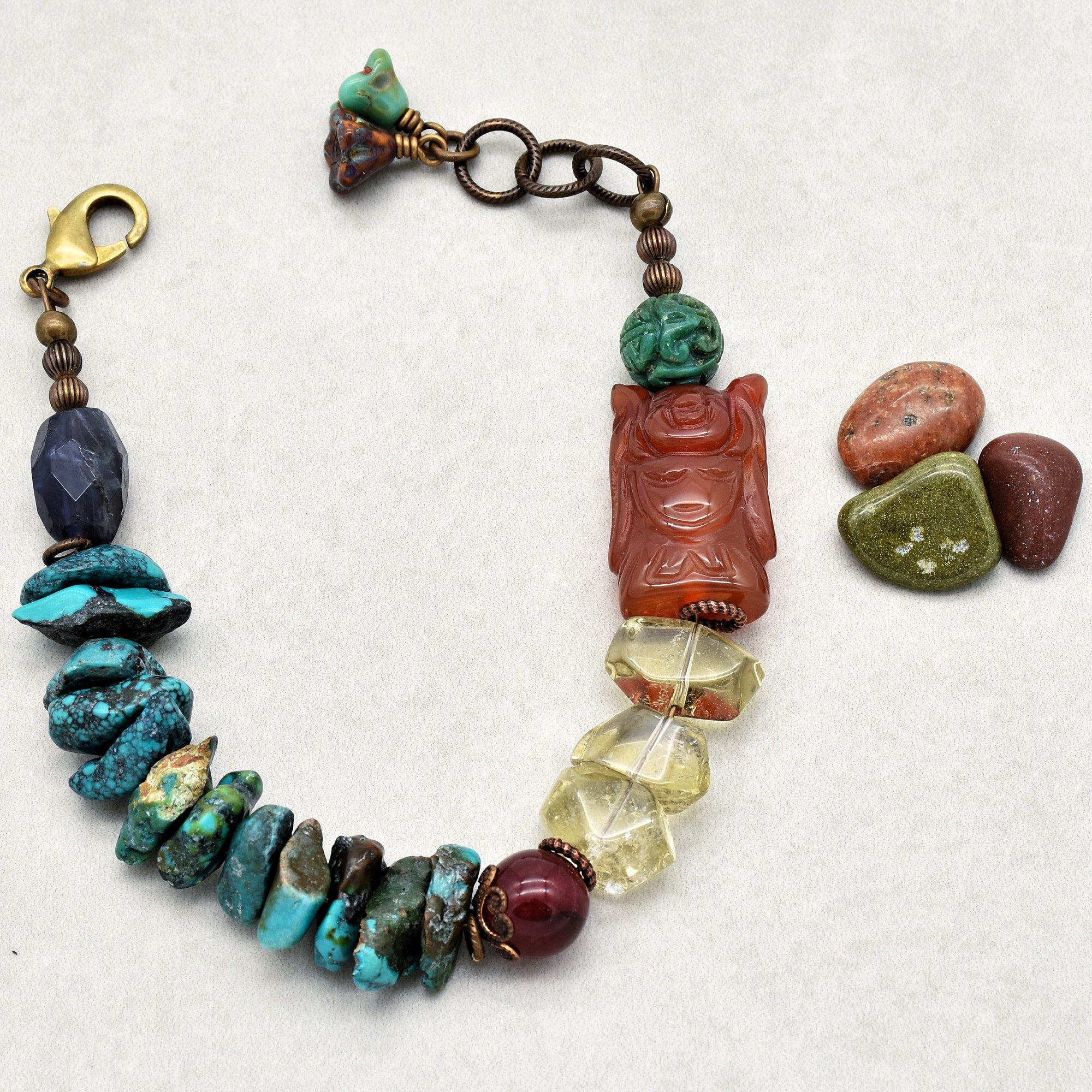 Buddha Handmade Beaded Bracelet with Carved Carnelian Buddha, Turquoise, Citrine, Iolite, Ruby Quartz