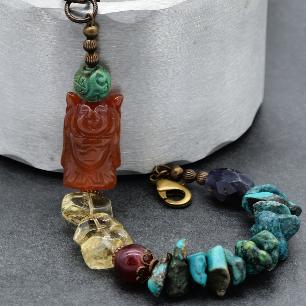 Buddha Handmade Beaded Bracelet with Carved Carnelian Buddha, Turquoise, Citrine, Iolite, Ruby Quartz