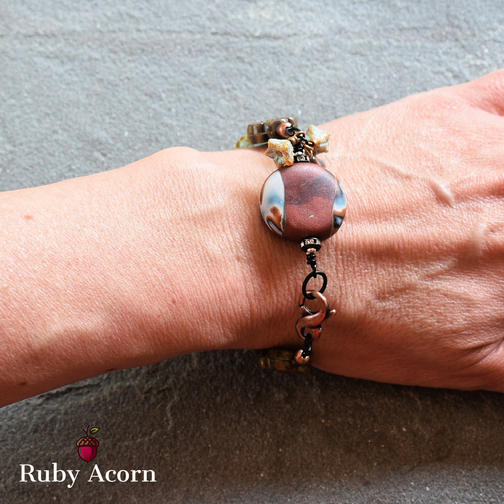 Chocolate Cherry Moon Handmade Beaded Bracelet with Artisan Polymer Clay Focal and Czech Glass Flowers