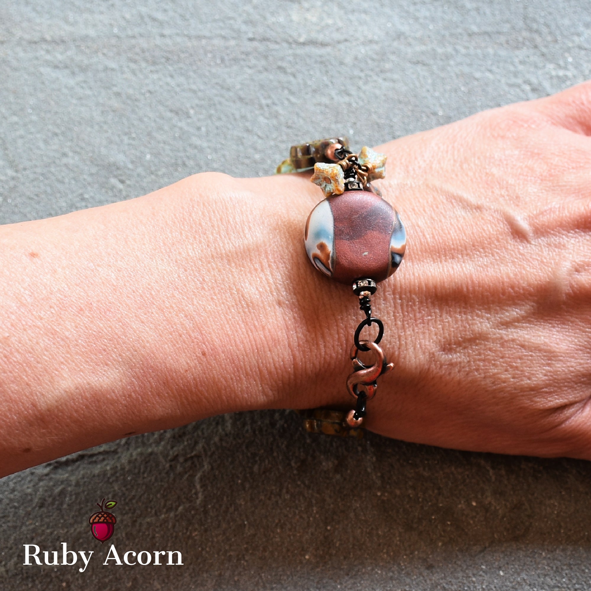 Chocolate Cherry Moon Handmade Beaded Bracelet with Artisan Polymer Clay Focal and Czech Glass Flowers