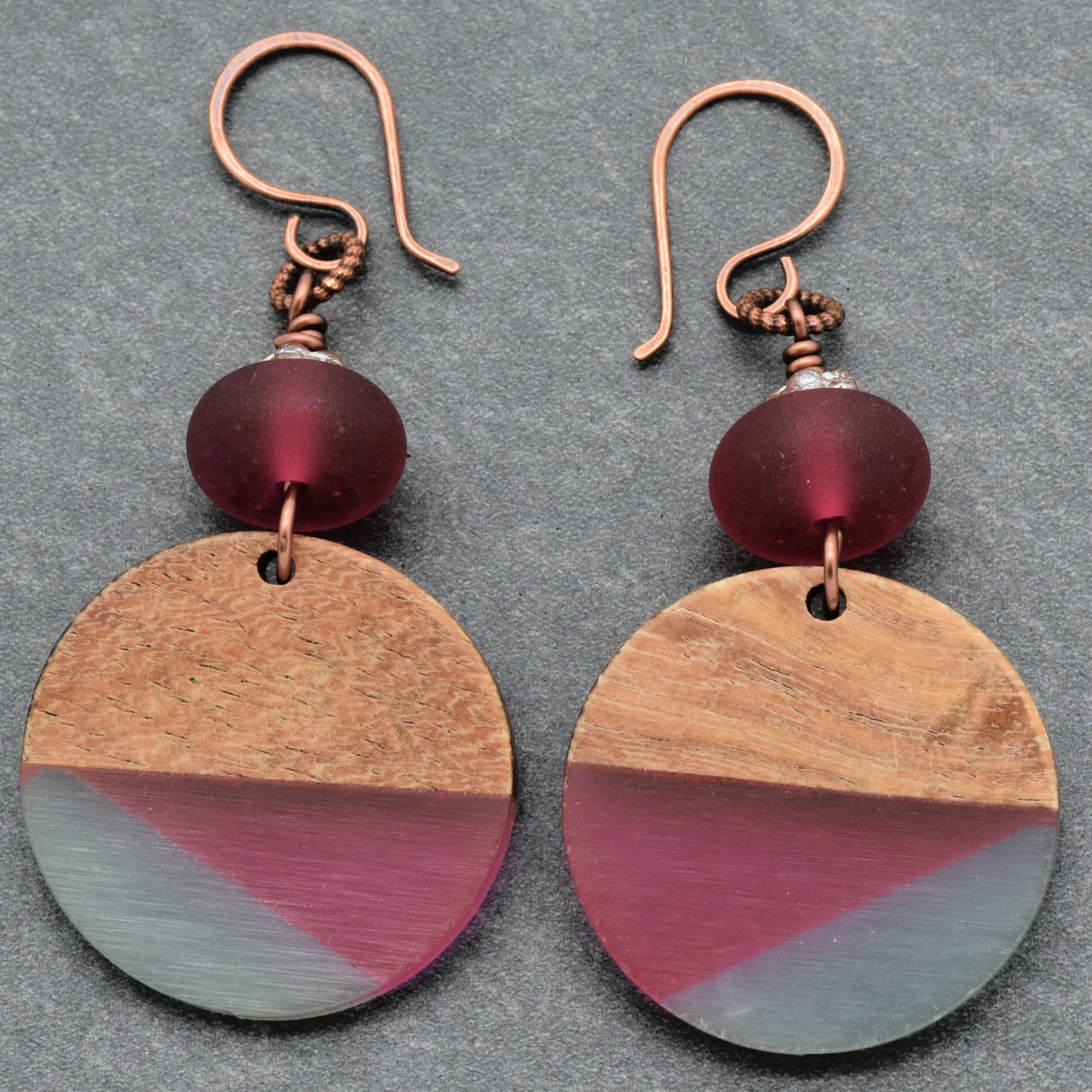 Cranberry Twist Handmade Dangle Earrings, Artisan Lampwork Glass, Wood Resin Charms.