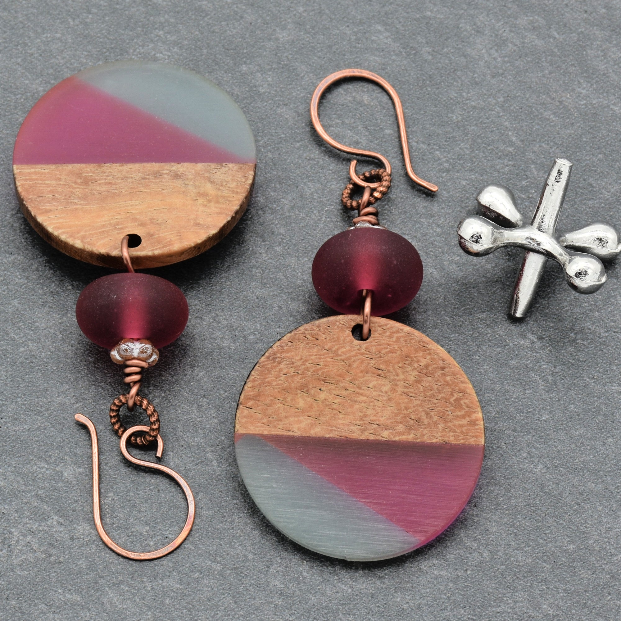 Cranberry Twist Handmade Dangle Earrings, Artisan Lampwork Glass, Wood Resin Charms.