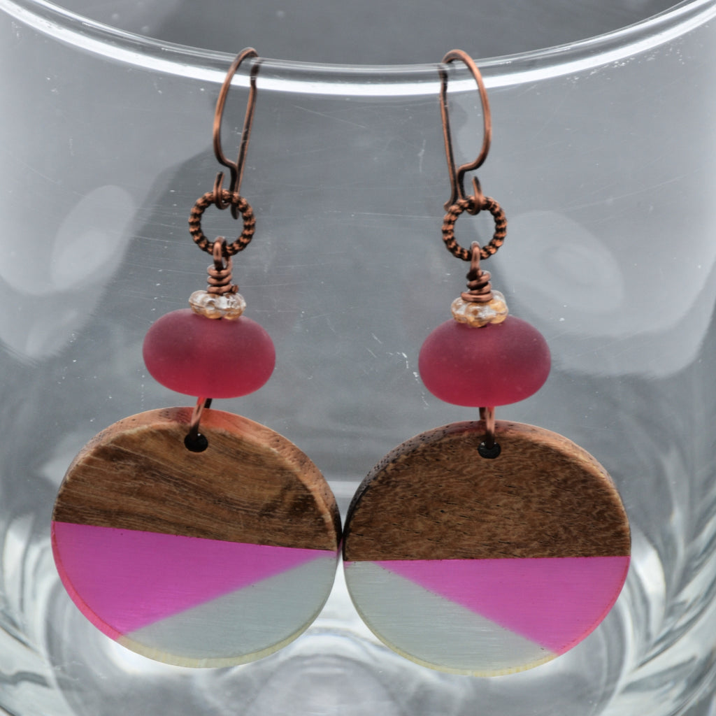 Cranberry Twist Handmade Dangle Earrings, Artisan Lampwork Glass, Wood Resin Charms.