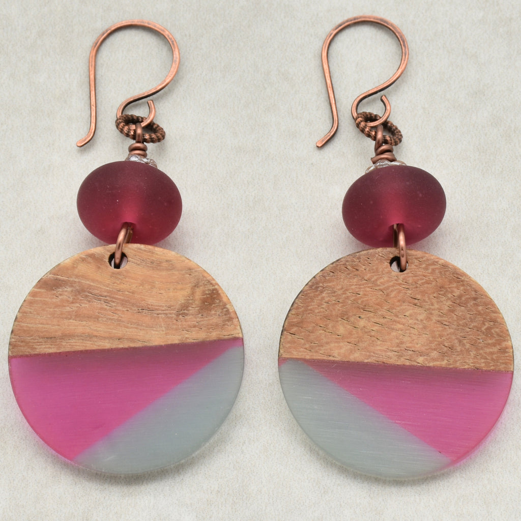 Cranberry Twist Handmade Dangle Earrings, Artisan Lampwork Glass, Wood Resin Charms.