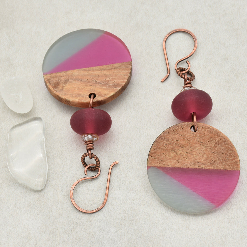 Cranberry Twist Handmade Dangle Earrings, Artisan Lampwork Glass, Wood Resin Charms.