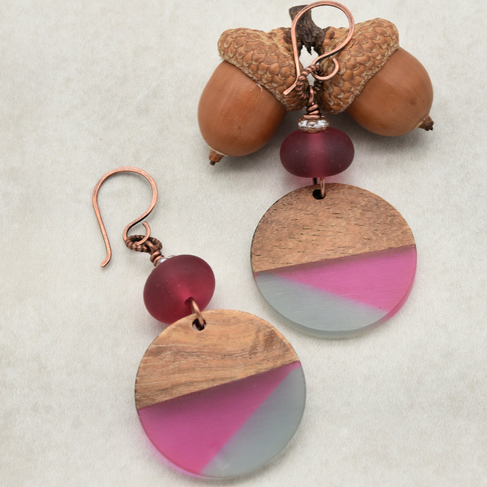 Cranberry Twist Handmade Dangle Earrings, Artisan Lampwork Glass, Wood Resin Charms.