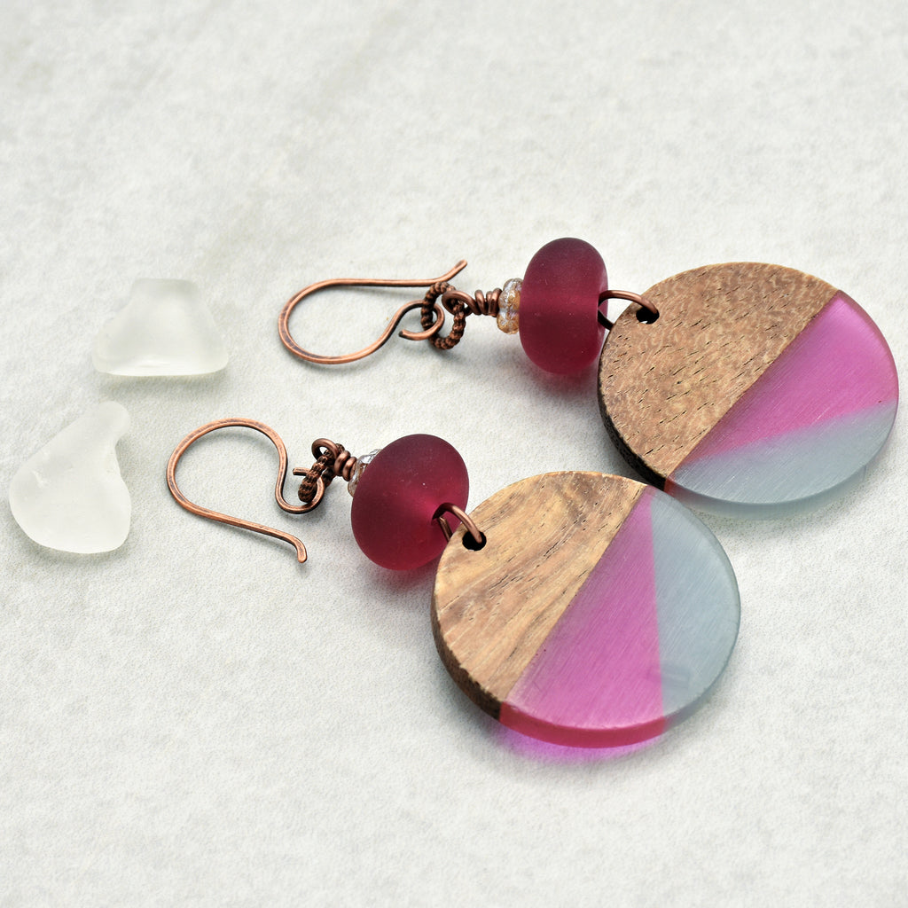 Cranberry Twist Handmade Dangle Earrings, Artisan Lampwork Glass, Wood Resin Charms.