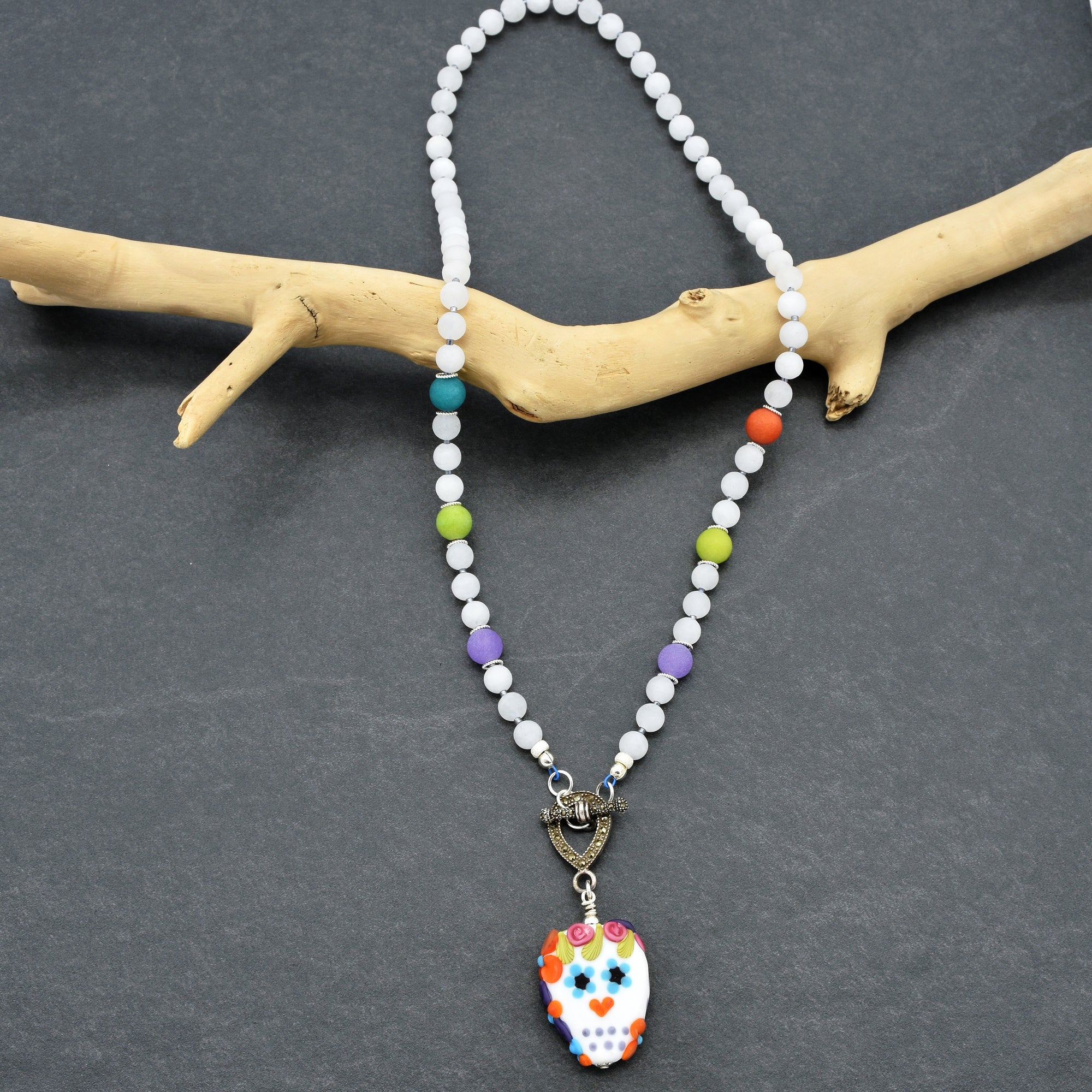 Day of the Dead Sugar Sugar Handmade Beaded Necklace with Artisan Lampwork Glass Sugar Skull Focal