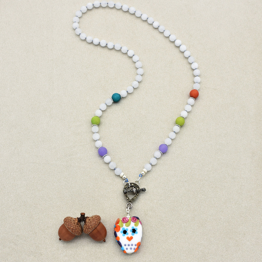 Day of the Dead Sugar Sugar Handmade Beaded Necklace with Artisan Lampwork Glass Sugar Skull Focal