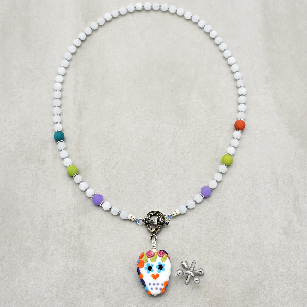 Day of the Dead Sugar Sugar Handmade Beaded Necklace with Artisan Lampwork Glass Sugar Skull Focal