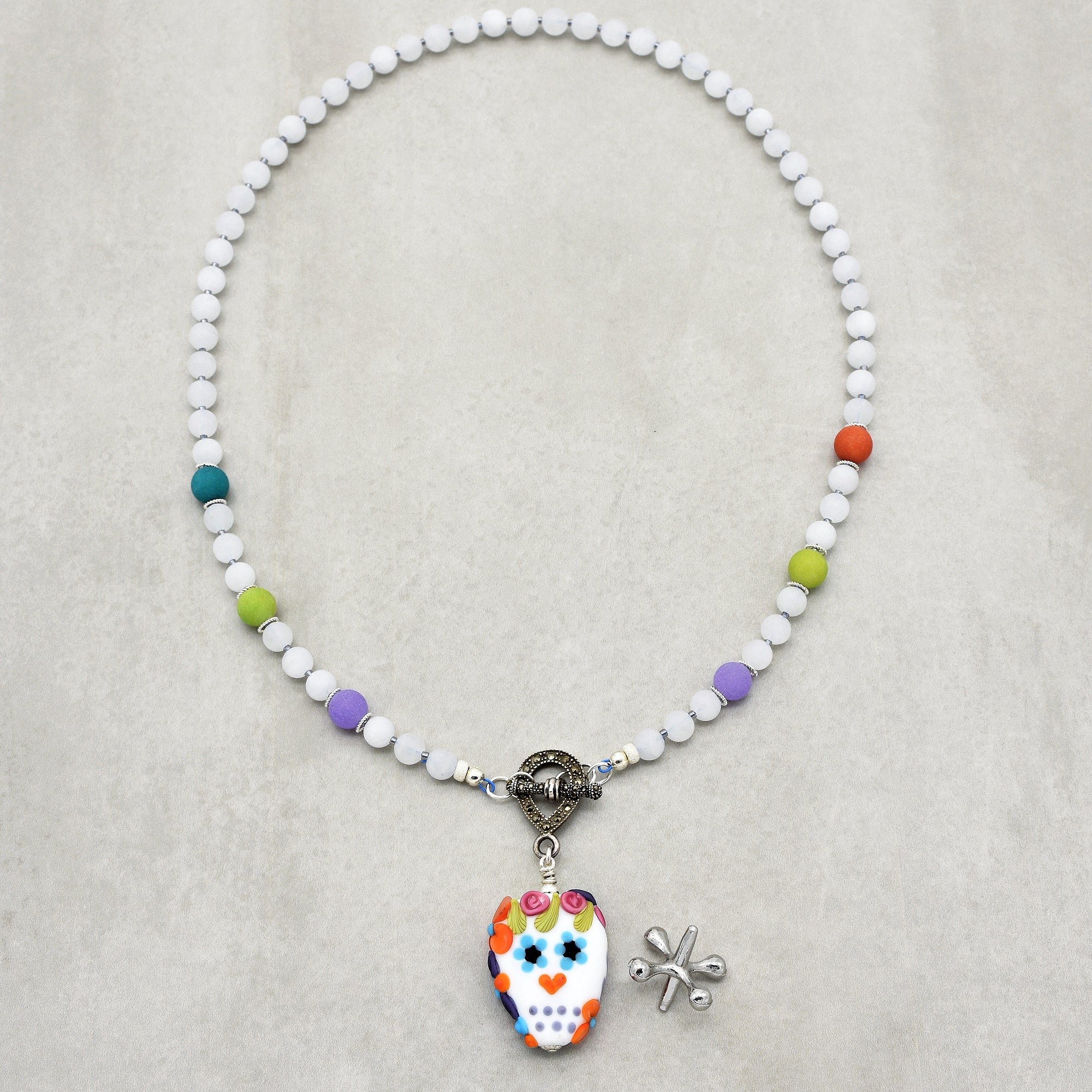 Day of the Dead Sugar Sugar Handmade Beaded Necklace with Artisan Lampwork Glass Sugar Skull Focal