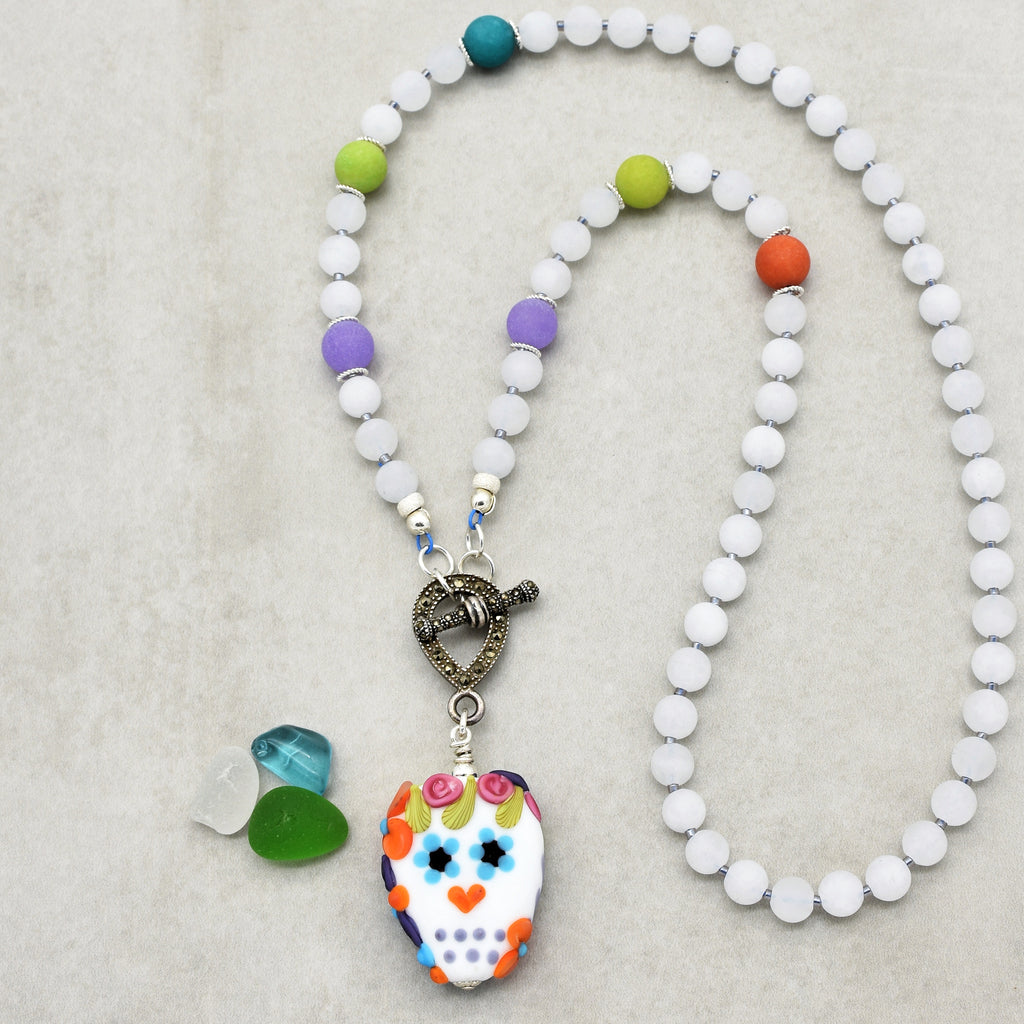 Day of the Dead Sugar Sugar Handmade Beaded Necklace with Artisan Lampwork Glass Sugar Skull Focal