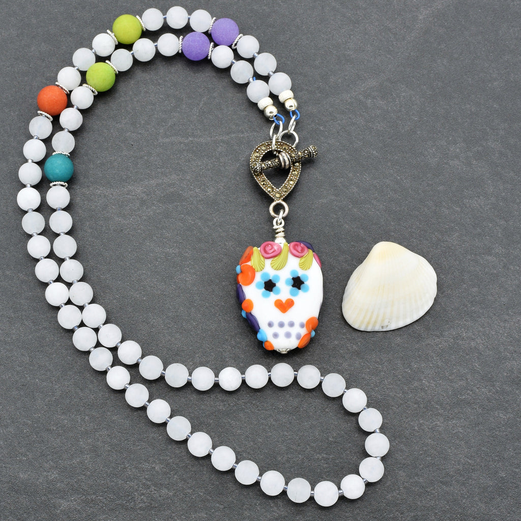 Day of the Dead Sugar Sugar Handmade Beaded Necklace with Artisan Lampwork Glass Sugar Skull Focal