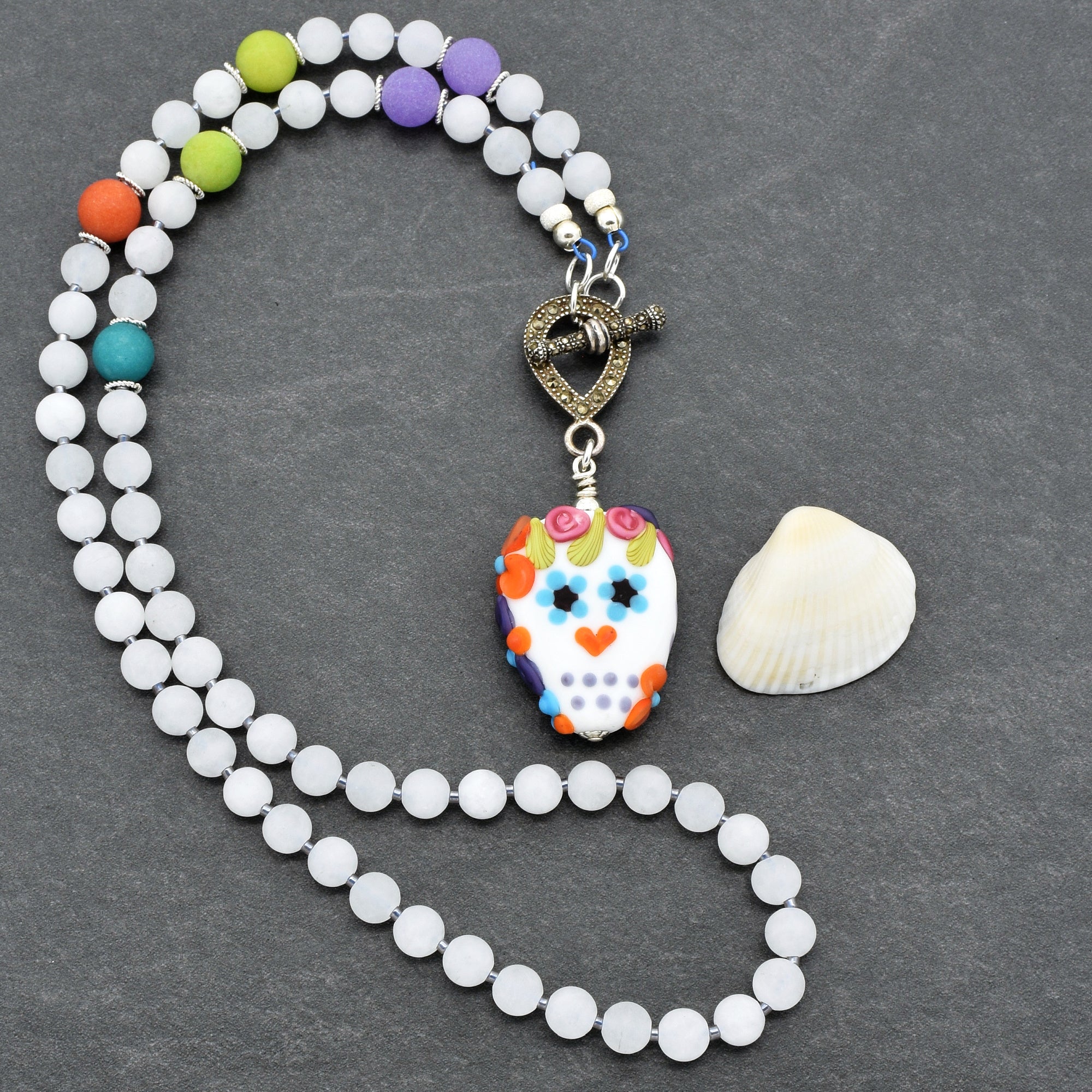 Day of the Dead Sugar Sugar Handmade Beaded Necklace with Artisan Lampwork Glass Sugar Skull Focal
