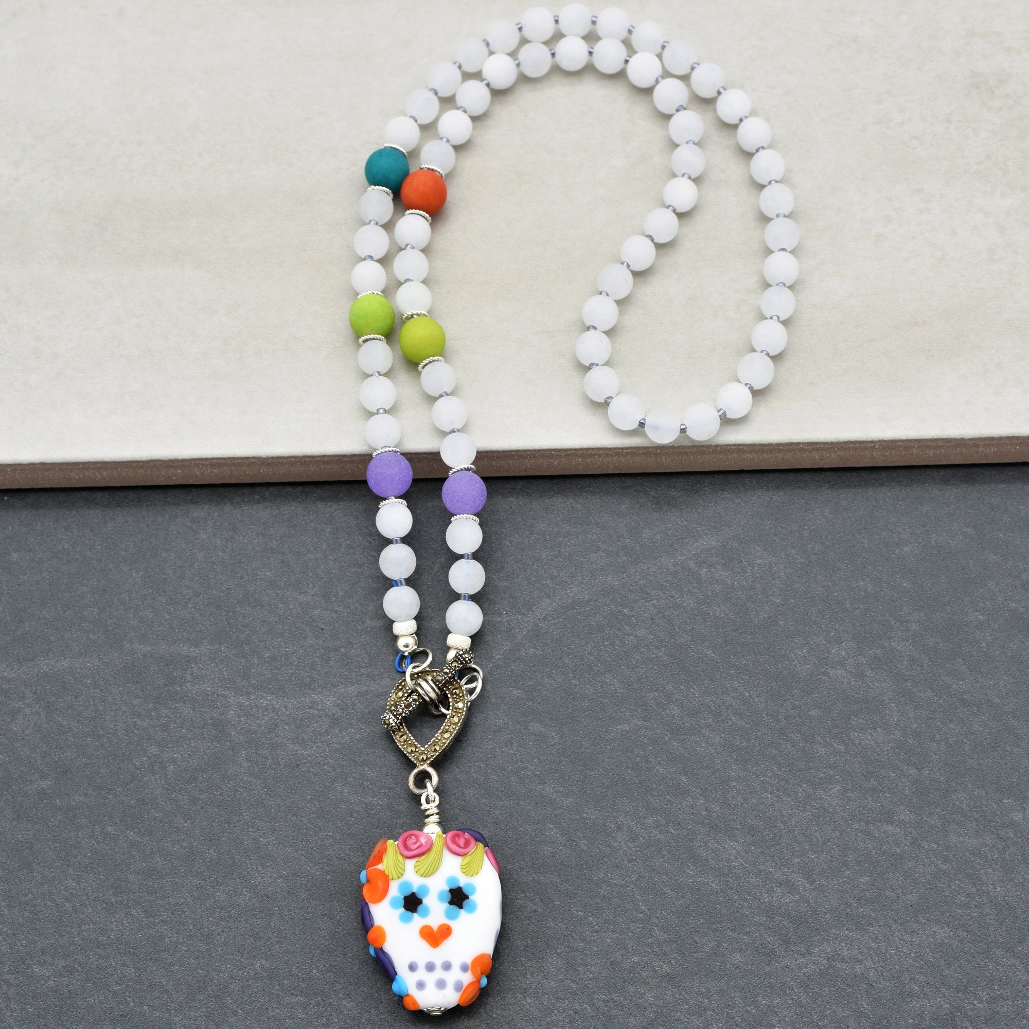 Day of the Dead Sugar Sugar Handmade Beaded Necklace with Artisan Lampwork Glass Sugar Skull Focal