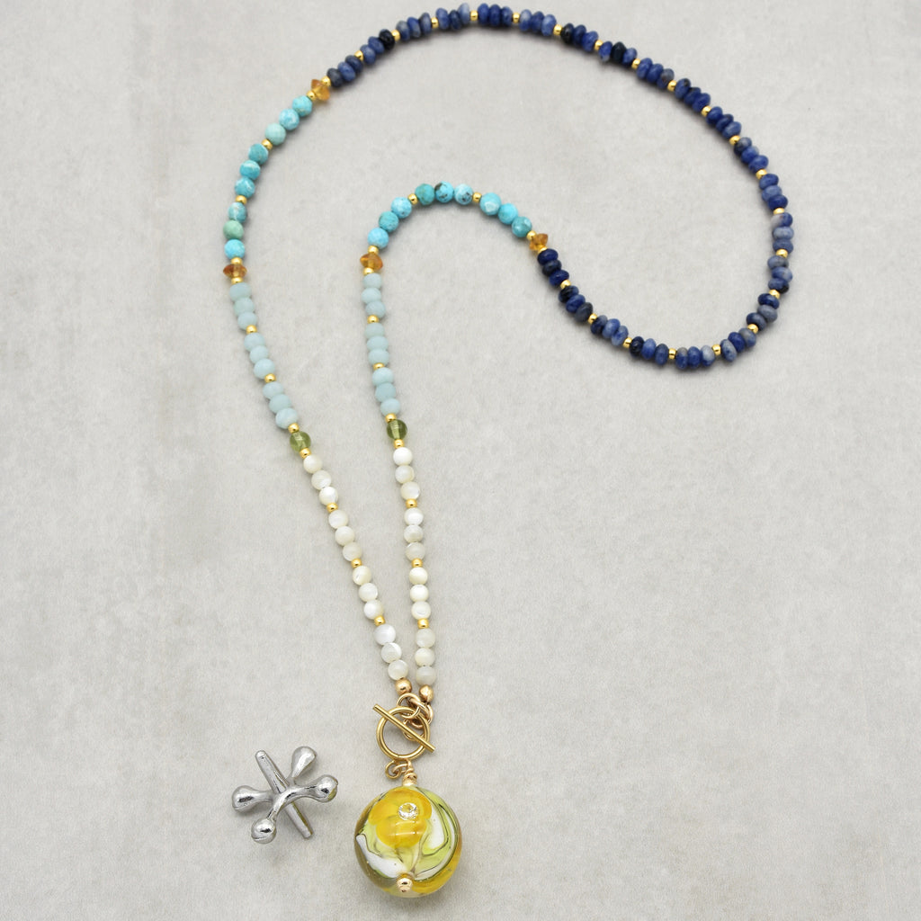Daylily Handmade Necklace. Artisan Lampwork Glass, Amazonite, Genuine Turquoise, Dumortierite, Peridot, Citrine, Gold filled findings